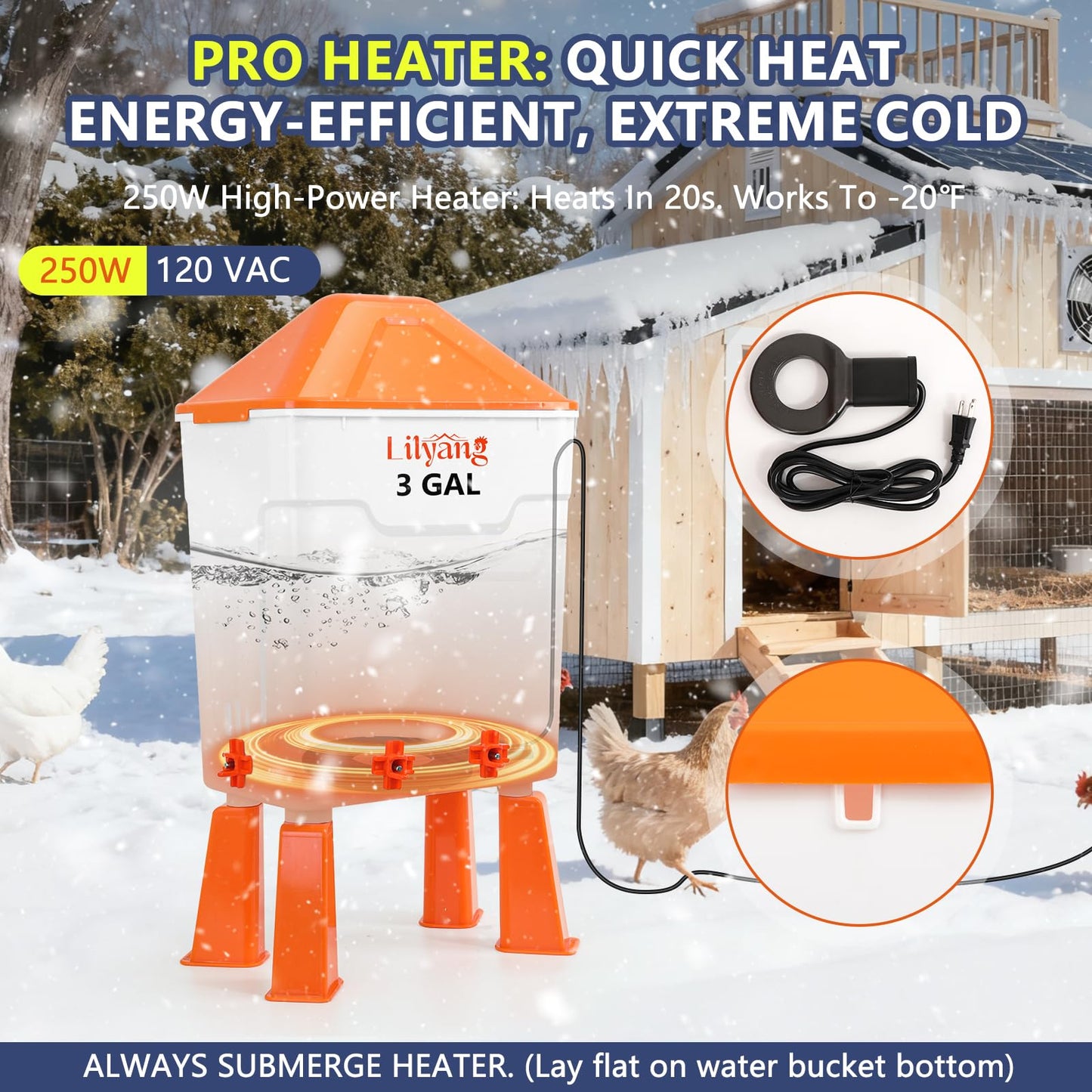 Lilyang Heated Chicken Waterer 3 Gallon, 250W Chicken Water Heater with Thermostat Control, Freeze-Proof Poultry Drinker for Winter, Hanging/Standing Use