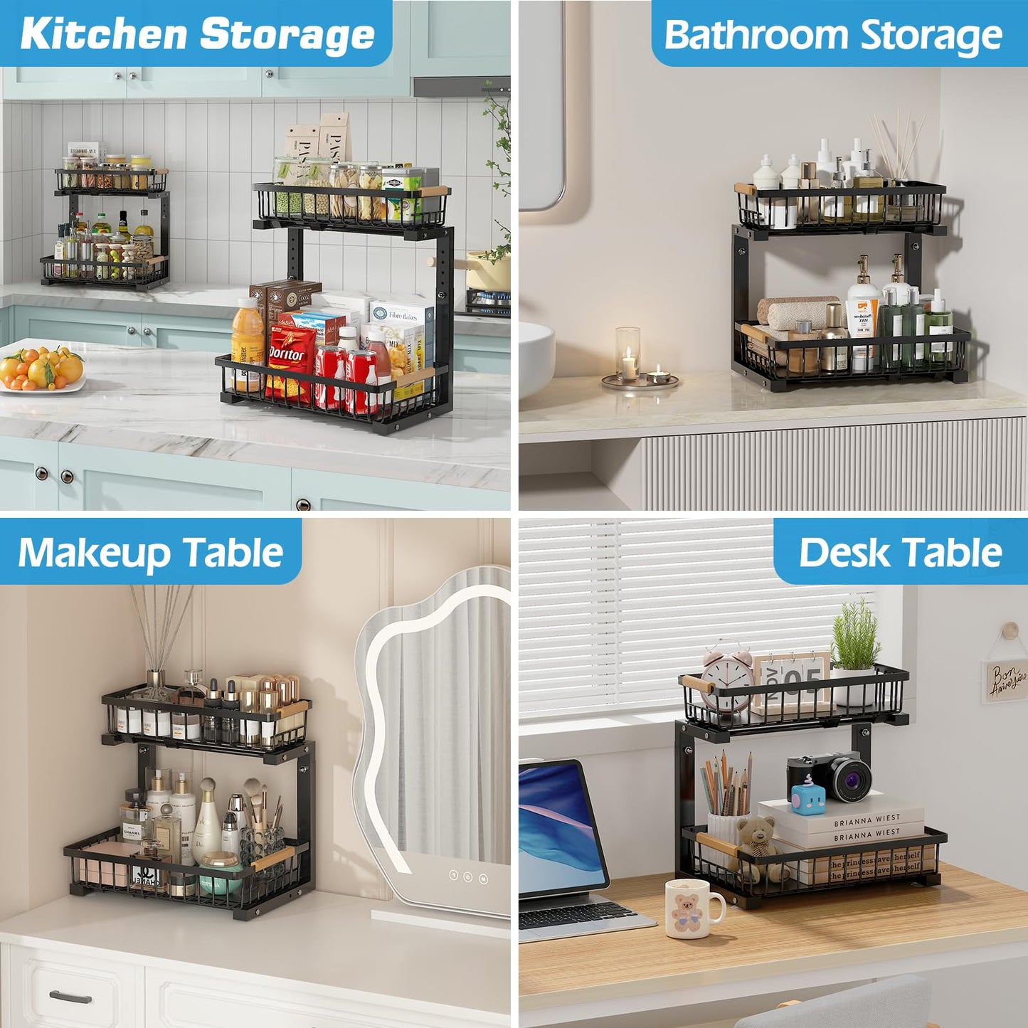 Floridy Under Sink Organizer 2 Packs, 2 Tier Slide Out Large Kitchen Sink Organizers and Storage Height Adjustable Under Cabinet Organizer for Kitchen Bathroom Pantry, Black