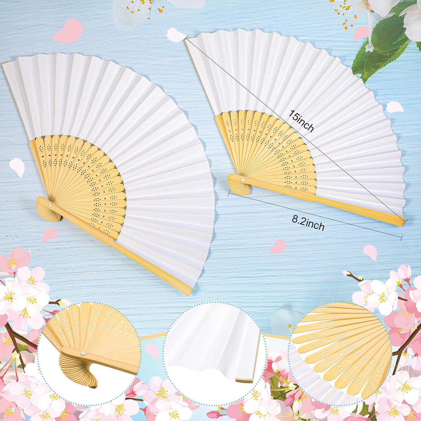 70 Pieces White Paper Hand Held Fan Bamboo Paper Folding Fans for Weddings Foldable Wood Wedding Fans for Guest Bridal Shower Dancing Party DIY Craft Photo Props Wall Decoration