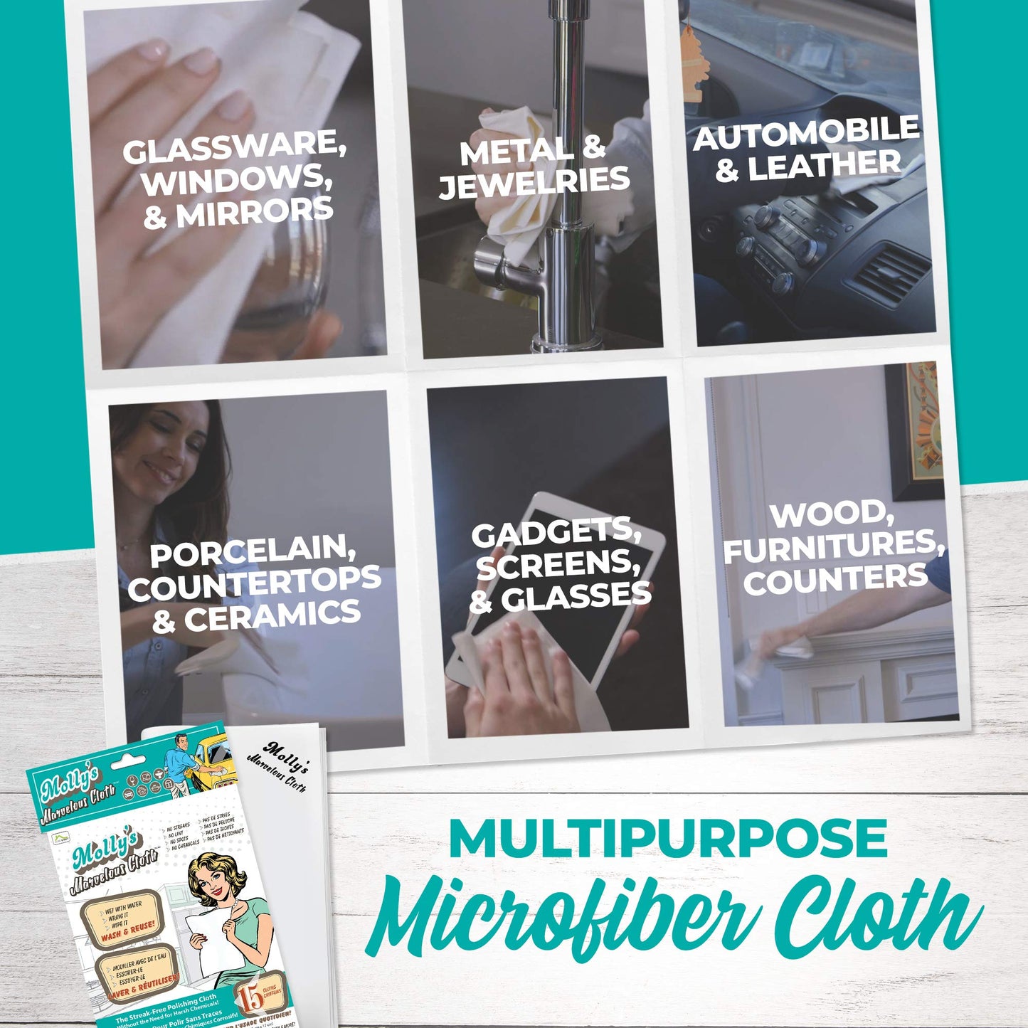 Molly’s Marvelous - Streak-Free Polishing Cloth, Lint-Free Microfiber Cleaning Cloth, Glass Cleaning Cloth and Window Cleaning Cloth, White (16" by 15.75") (15pk)