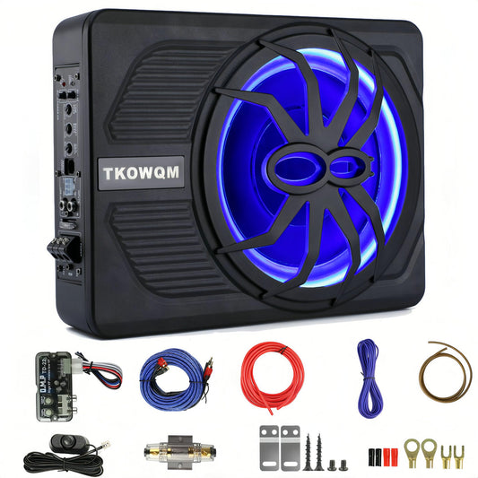 Car Subwoofer 10" 800W Slim Under Seat Powered Car Subwoofer，Car Audio Sub with Blue LED Ambient Light Built in Amplifier for Trucks Cars