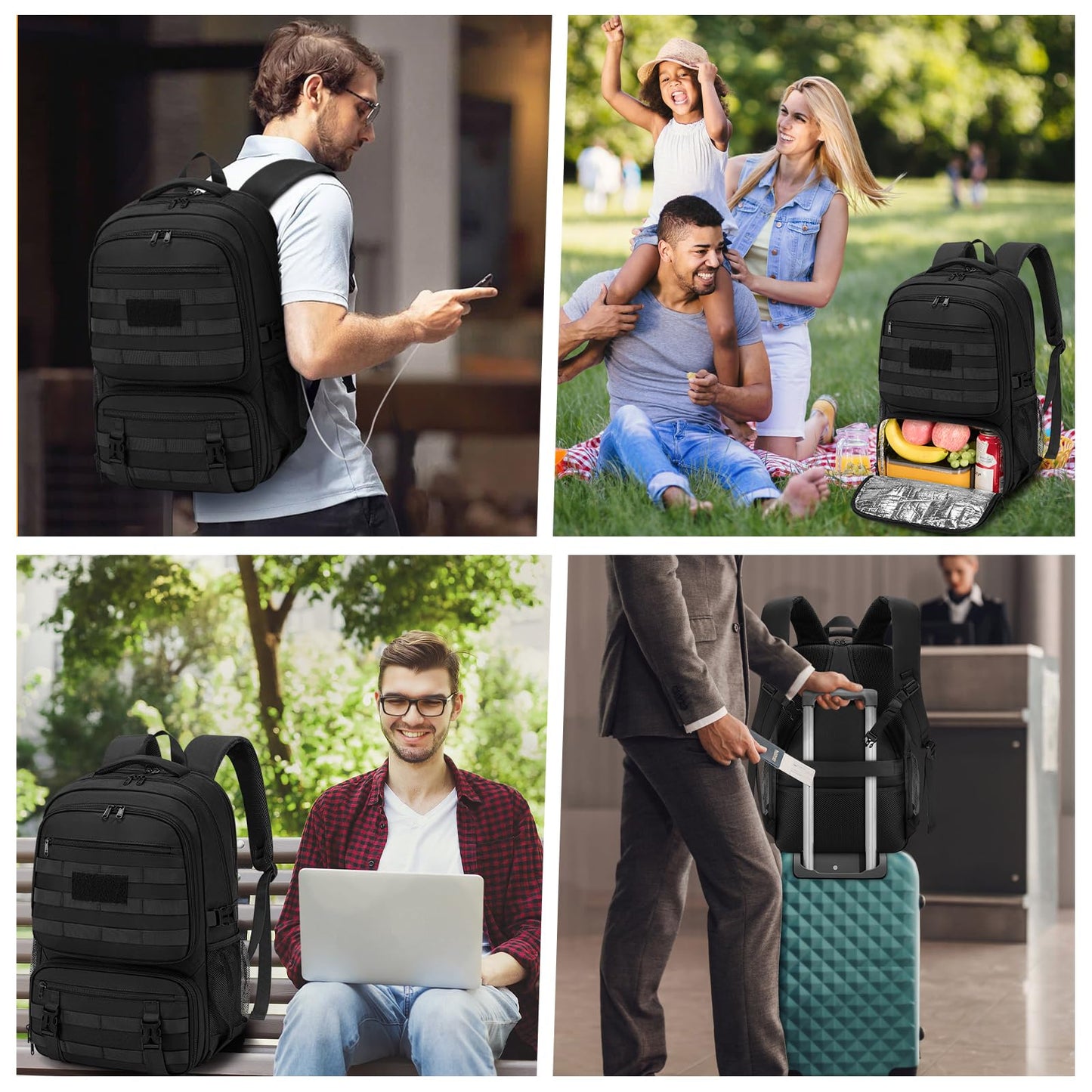 SDYSM Tactical Lunch Backpack for Men Women 17.3 Inch Laptop Backpack with USB Charging Port Military Work Backpack with Insulated Lunch Bag for Travel College Business, Black