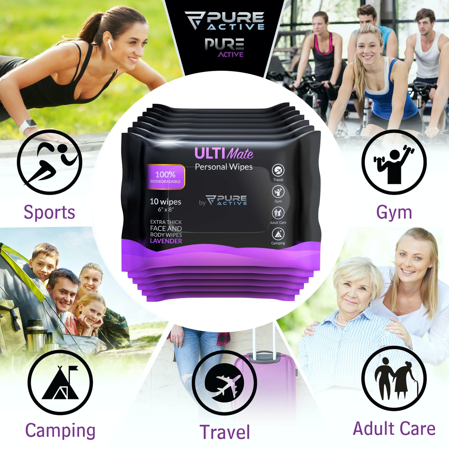 Body Shower Wipes - Hypoallergenic Alcohol-Free for Camping, Bathing, Workout - Rinse-Free for Adults, Men, Women - Large Bath Wipes (120 Count, 6''x8'', Lavender)