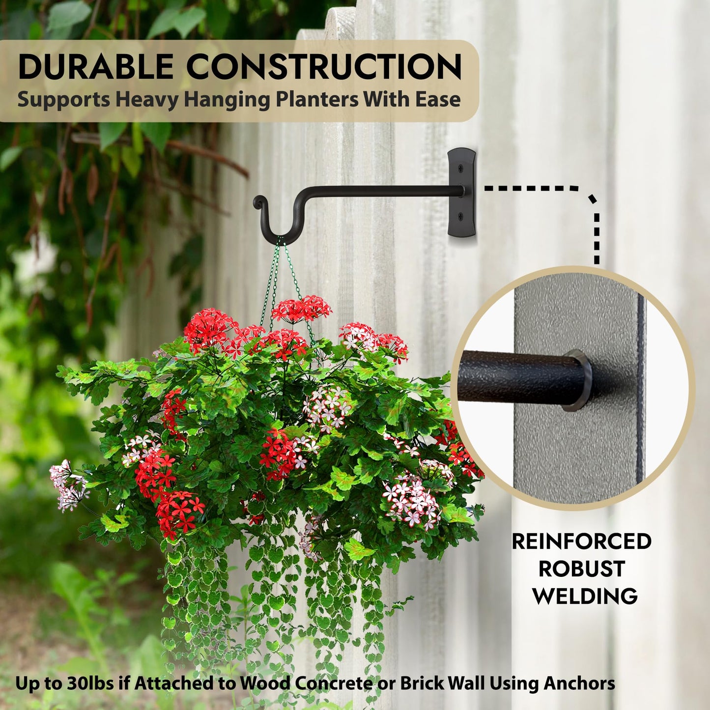 RTZEN Plant Hanger Shepards Hook - Hand Forged Heavy Duty Wrought Iron Wall Decor - Indoor or Outdoor Shepherds Hook Hanging Bracket for Bird Feeders Lanterns Baskets and Wind Chimes - 2 Pack