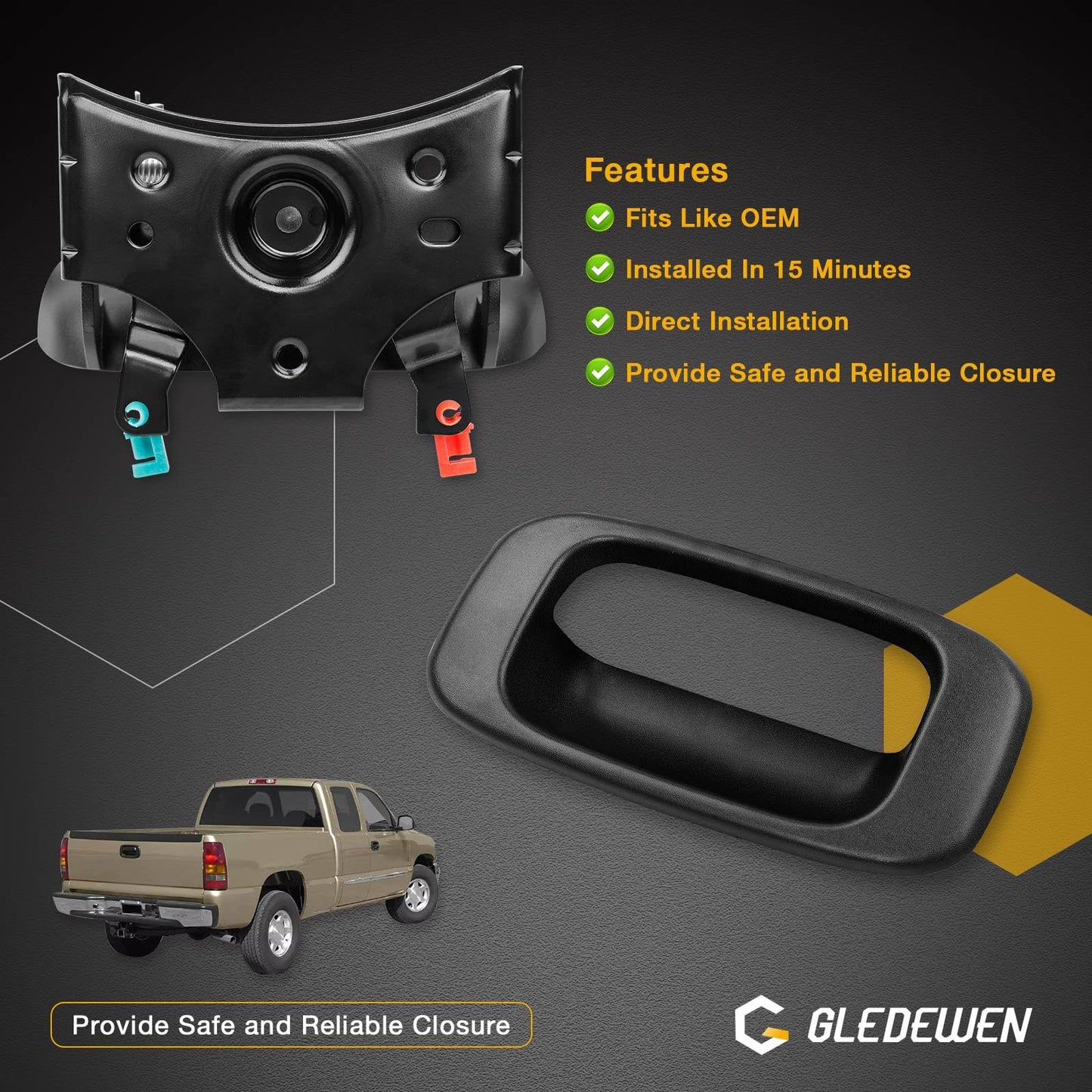 15997911 Upgraded Metal Tailgate Handle Latch, with Plastic Bezel Trim Rod Clips, Compatible with 1999-2007 Chevy Silverado GMC Sierra 1500 2500 3500, Replaces# 15228539 15228541 15228540