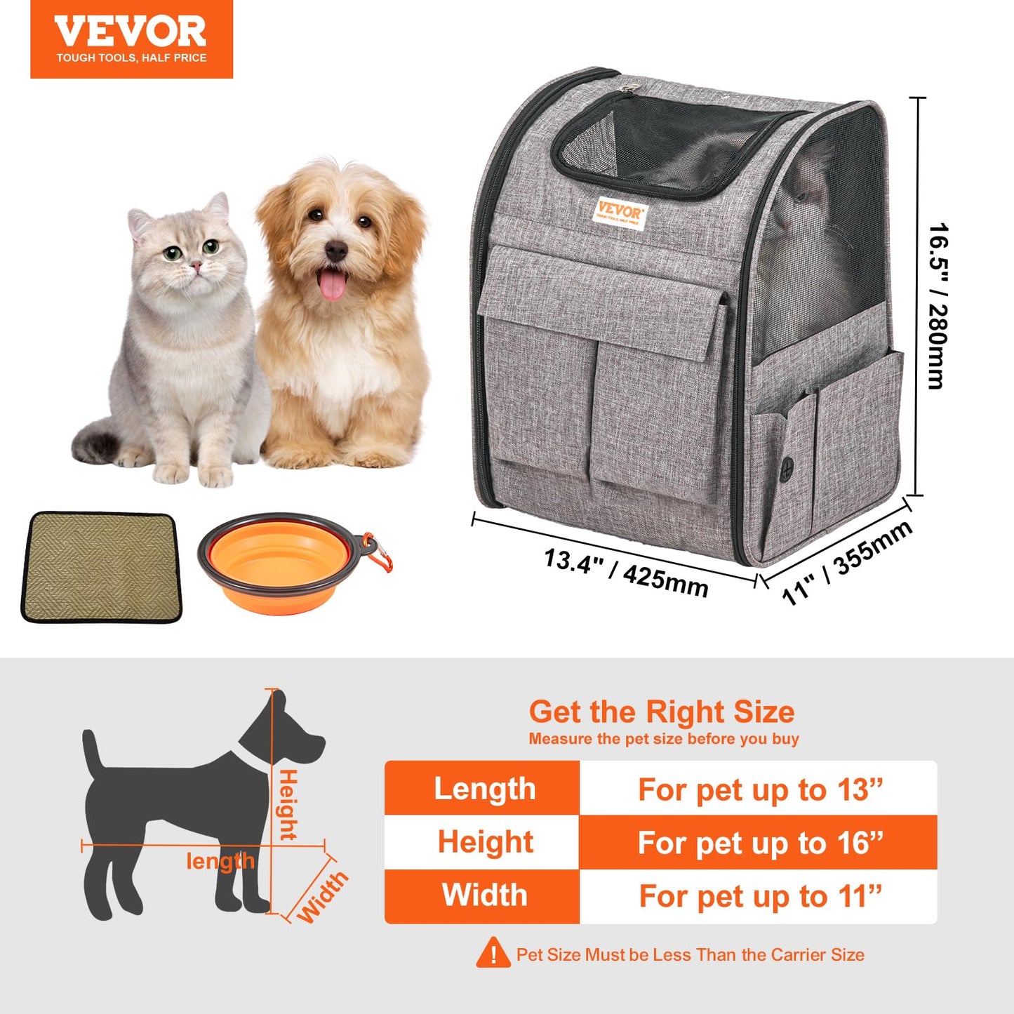 VEVOR Cat Carrier with Wheels, Rolling Pet Carrier with Telescopic Handle and Shoulder Strap, Dog Carrier with Wheels for Pets Under 18 lbs, with 1 Folding Bowl, Grey