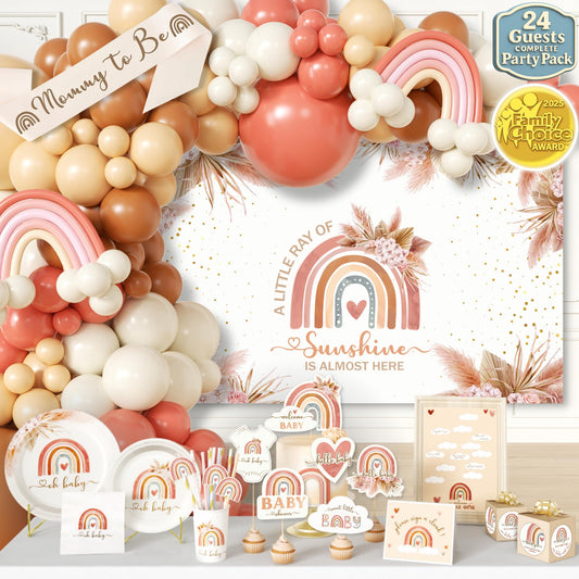 408 PC Boho Baby Shower Decorations for Girl - Backdrop, Balloon Arch Garland, Plates, Napkins, Straws, Sash, Cake Toppers, Guestbook, Confetti, Favor Stickers - Rainbow Baby Shower Decorations