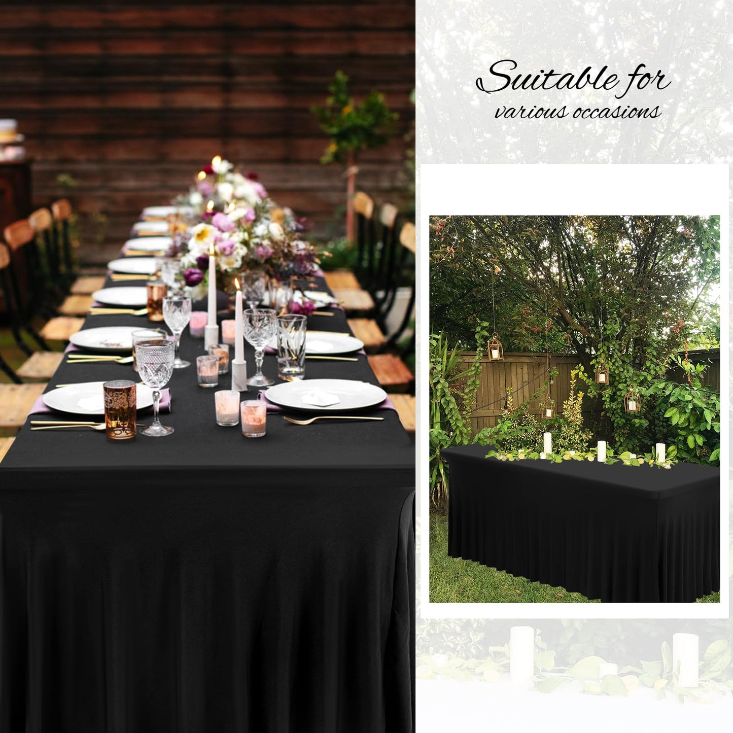 4 Pack 6Ft Black Spandex Table Skirts, Stretch Tablecloth with Skirt Easy to Install One-Piece Wrinkle Resistant Fitted Stretchable Table Skirt for Wedding Party Banquet Trade Show