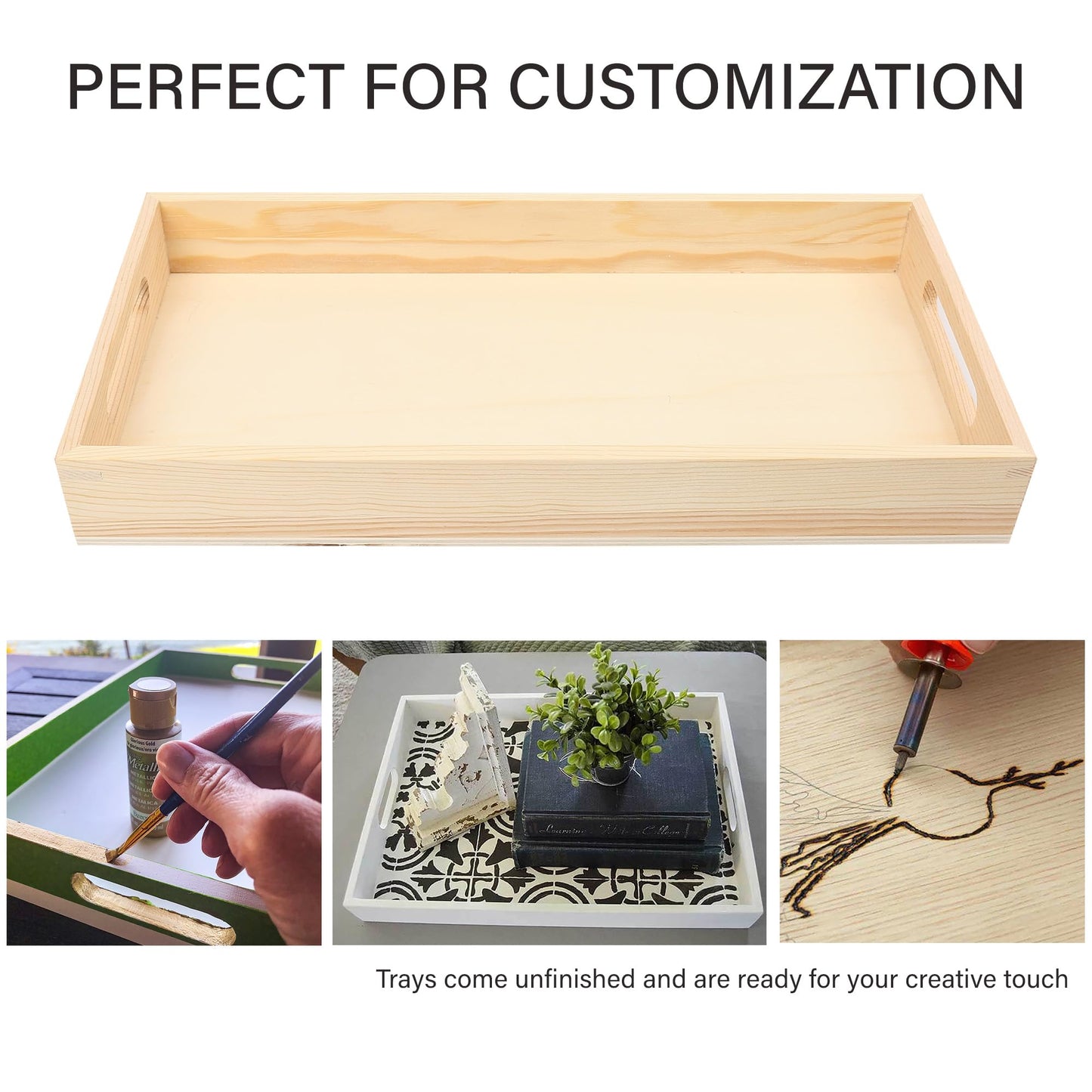 LotFancy 5PC Wooden Nested Serving Trays, Unfinished Natural Wood Trays with Handles, for Craft and Decor, Food Organizer for Breakfast, Lunch, Dinner