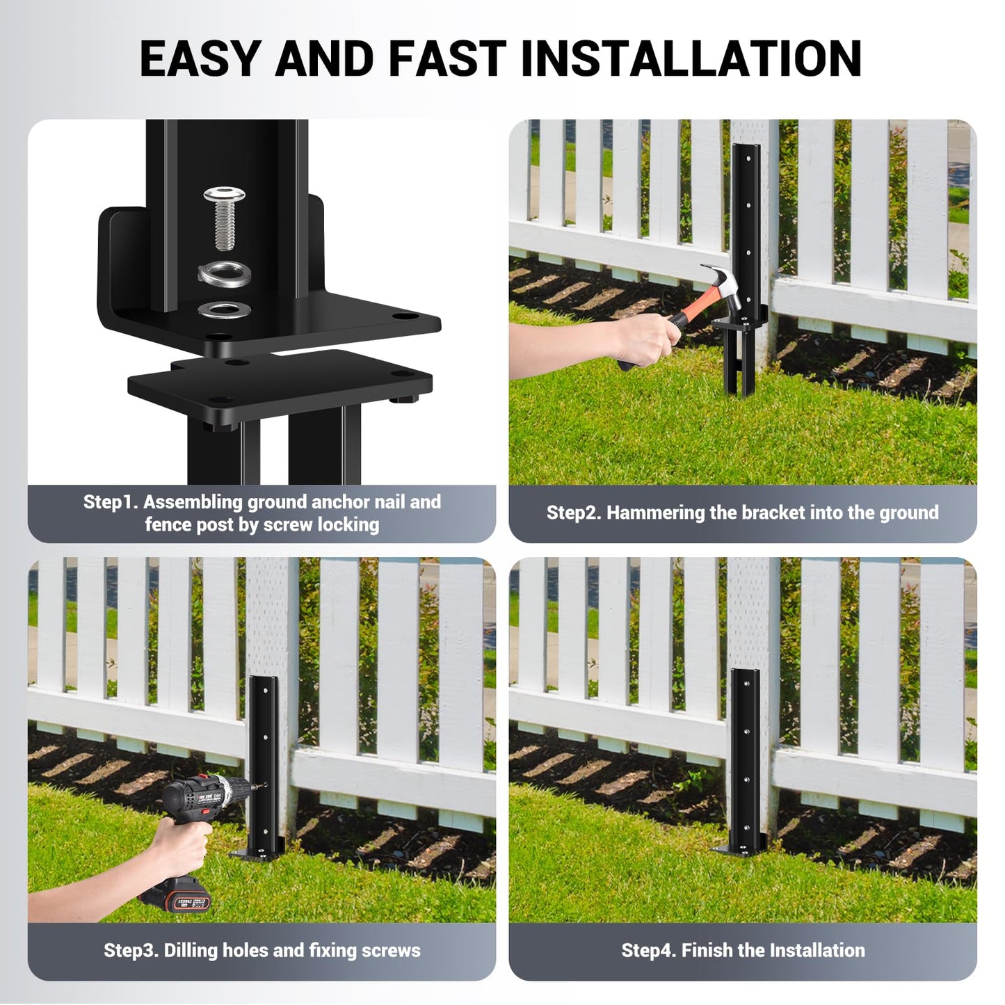 2 Pack Fence Post Anchor Kit, Heavy Duty Steel Fence Post Repair Stakes, Post Anchor Ground Spike for Repairing Tilted Broken Wood Support, Black