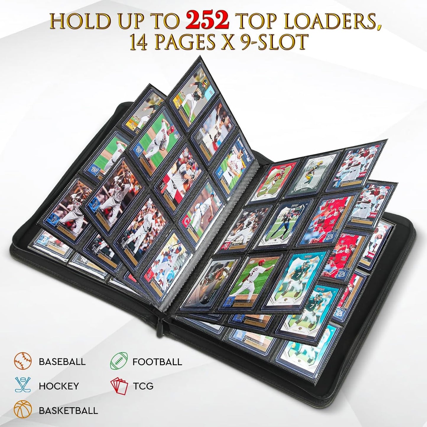 JoyHood Top Loader Binder, Top Loader Collection Album for Trading Cards and Sports Card Holds 252 Top Loaders, Not for Cards WITHOUT a Top Loader (Dark, 9 Pockets)