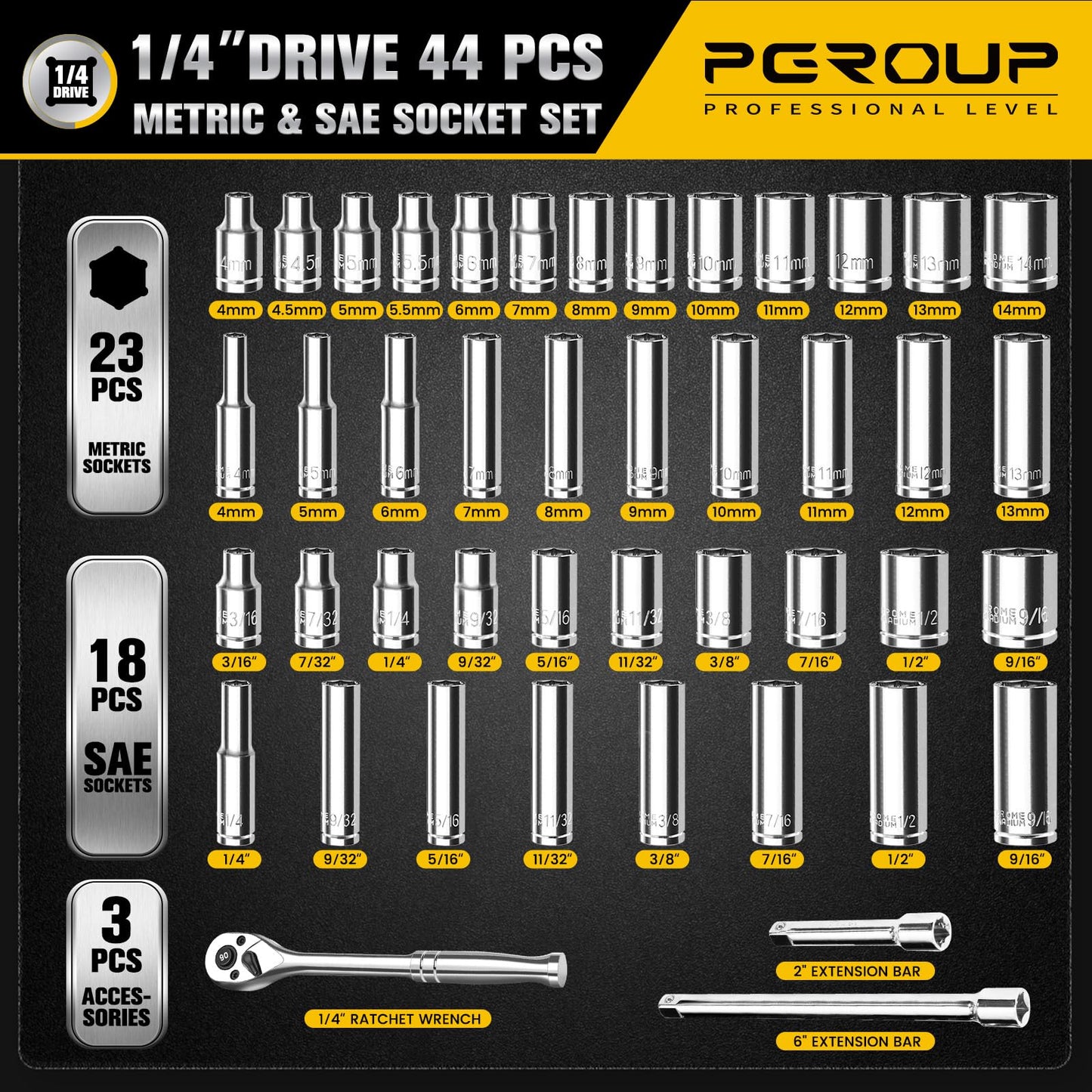 PGROUP 44-Piece 1/4 Inch Drive SAE & Metric Socket Set, Ratchet Socket Set with 90 Tooth Reversible Ratchet Wrench and Extension Bars, Chrome Vanadium Steel
