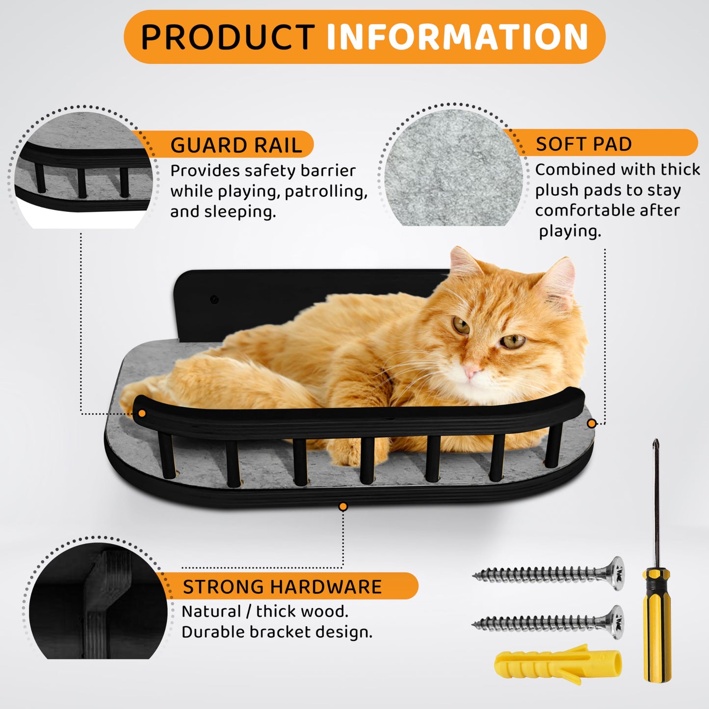 BUOGA Cat Wall Shelves with 3 Steps – Modern Mounted Cat Wall Furniture & Shelf, Premium Hardwood cat Bed for Climbing, Sleeping & Lounging, Indoor Hammock for Large Cats - Black