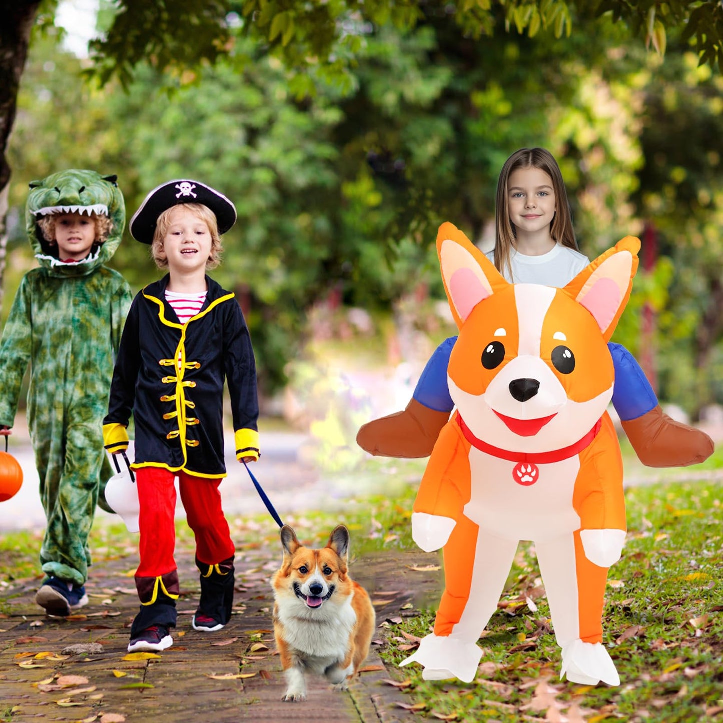 Inflatable Costumes Kids Dog Costume Halloween Blow Up Ride on Corgi Costume Girls Boys Animal Cosplay Party (Corgi-Kids)