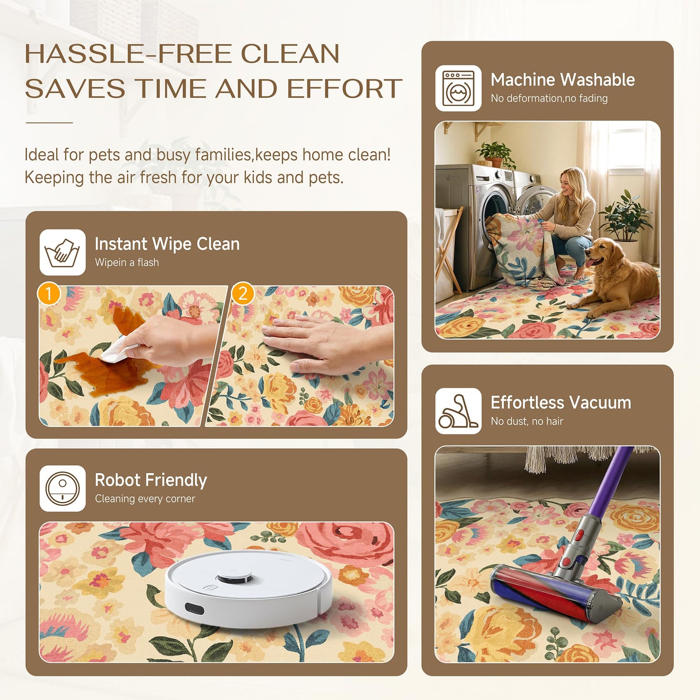PureCozy Washable Floral Area Rug 5x7 Beige Living Room Carpet Scalloped Flower Non Slip Soft Bedroom Rug Farmhouse Low Pile Thin Indoor Floor Cover for Office Dining Room Kitchen Bathroom