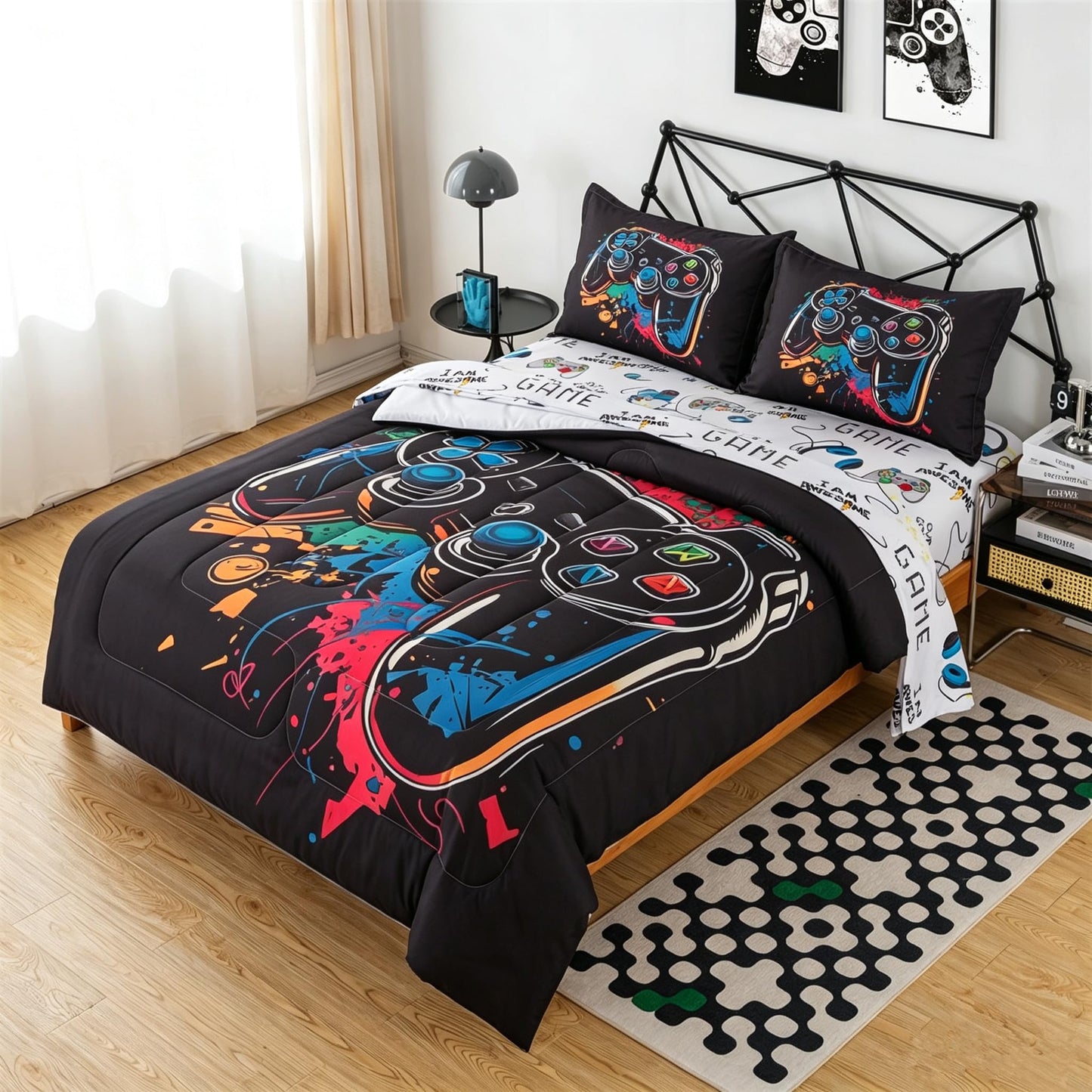 qjmiaofang Gamer Comforter Set for Boys 6 Pieces Black Gaming Bedding Set Twin for Kids Teens Bed in A Bag Gamer Bed Set with Sheets and Pillowcases Soft Microfiber for Home Decor