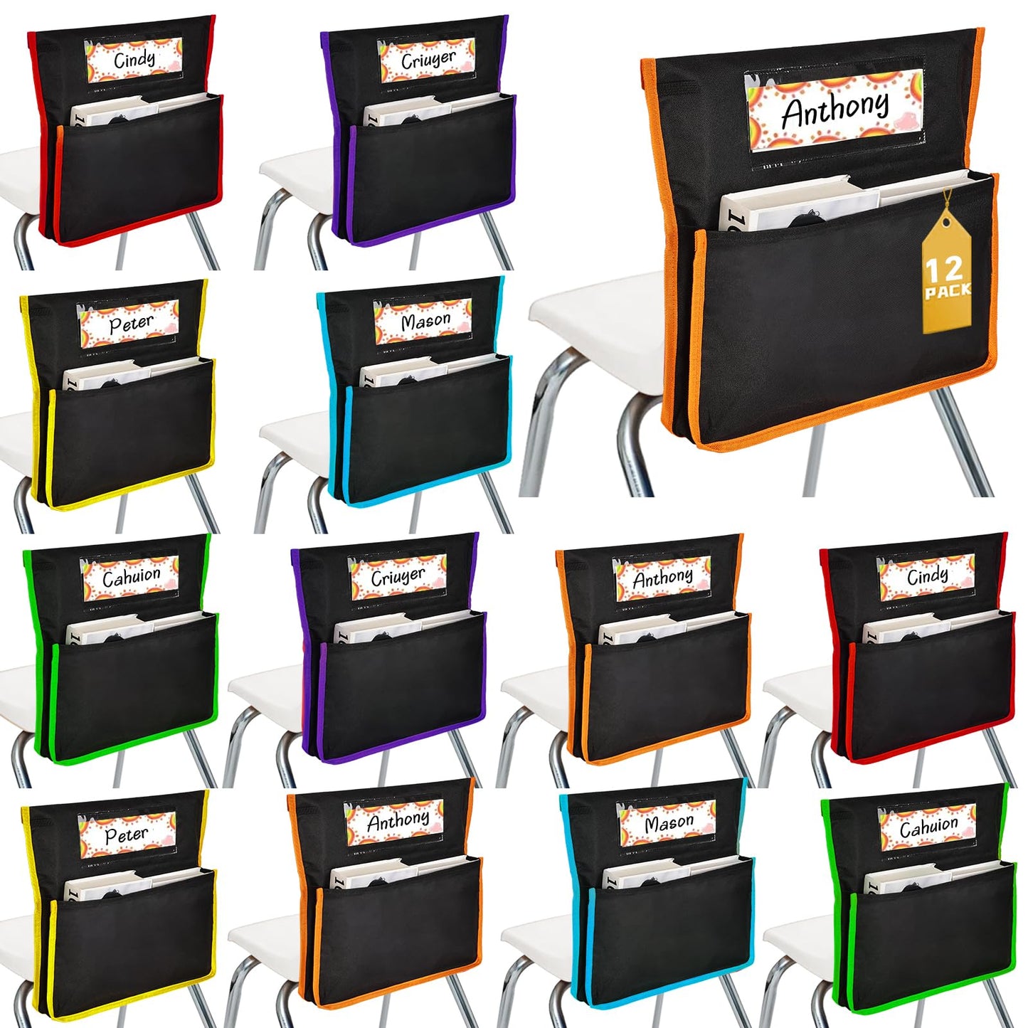 Runpig 12 Pcs Classroom Chair Pockets, 17 x 15 inch, Seat Sacks for Classroom Chairs, Buddy Pocket, Chart Seat Back Organizer with Name Tag