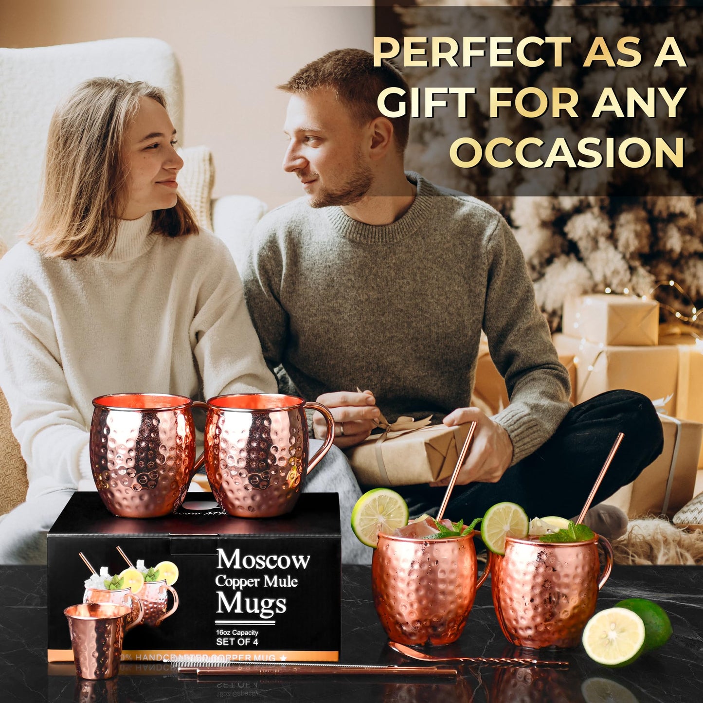 Moscow Mule Copper Mugs - Set of 4 100% Handcrafted Solid 16 oz Copper Mugs with 4 Copper Straws, 1 Stirring Spoon, 1 Copper Shot Glass, 1 Straw Cleaning Brush,Ideal Christmas Gifts for Men Women