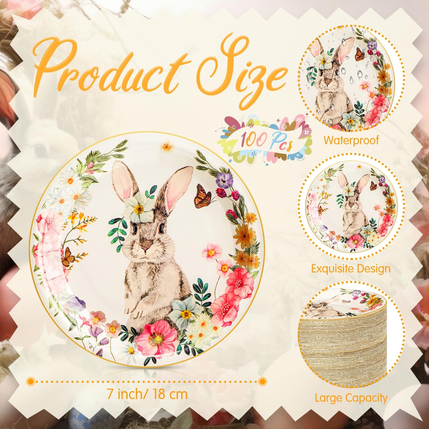 Sunnychicc 100 Pcs Easter Dessert Paper Plates Bulk 7'' Round Disposable Floral Bunny Egg Rabbit Plates for Holiday Spring Tableware Party Supplies(Beige,Cute Bunny)