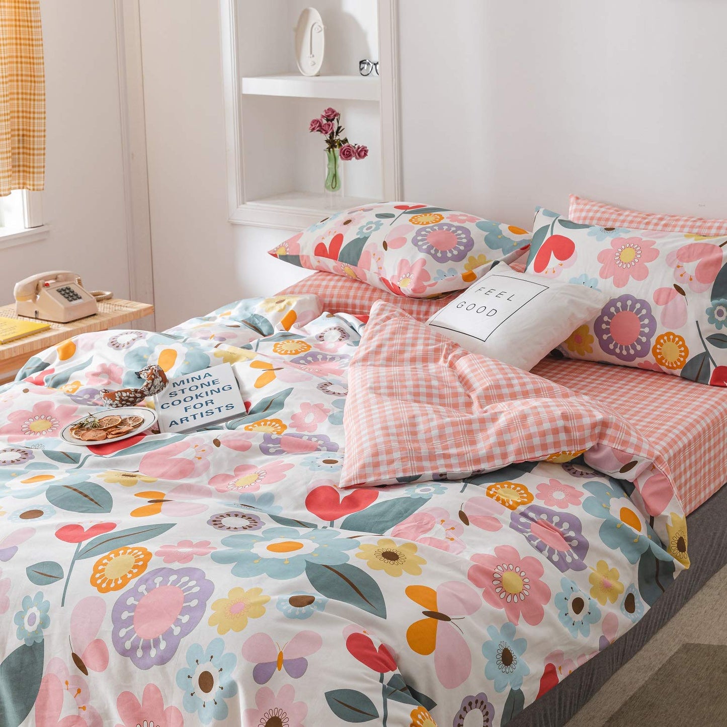 Floral Duvet Cover Twin, 100% Cotton 3 pcs Twin Flower Bedding Set for Girls, Reversible Comforter Cover Ultra Soft Garden Fresh Botanical Duvet Cover, with Zipper Closure, Breathable (No Comforter)