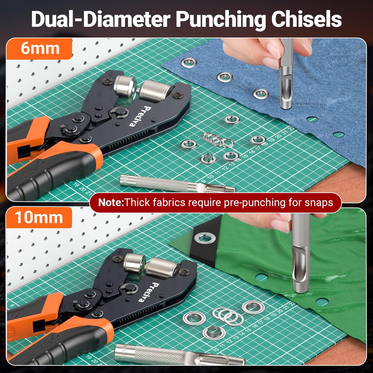 Preciva Grommet Tool Kit of 3/8" and 1/4", Interchangeable Double Head Handheld Grommet kit with 280pcs Eyelets and Grommets for Tarp Leather Fabric