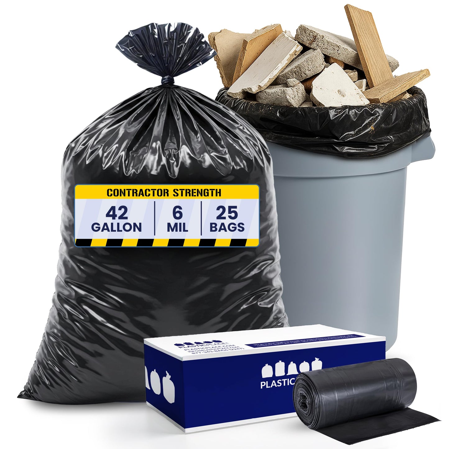 Plasticplace Contractor Trash Bags 42 Gallon │ 6.0 Mil │ Black Heavy Duty Garbage Bag │ 33” x 48” (25 Count)