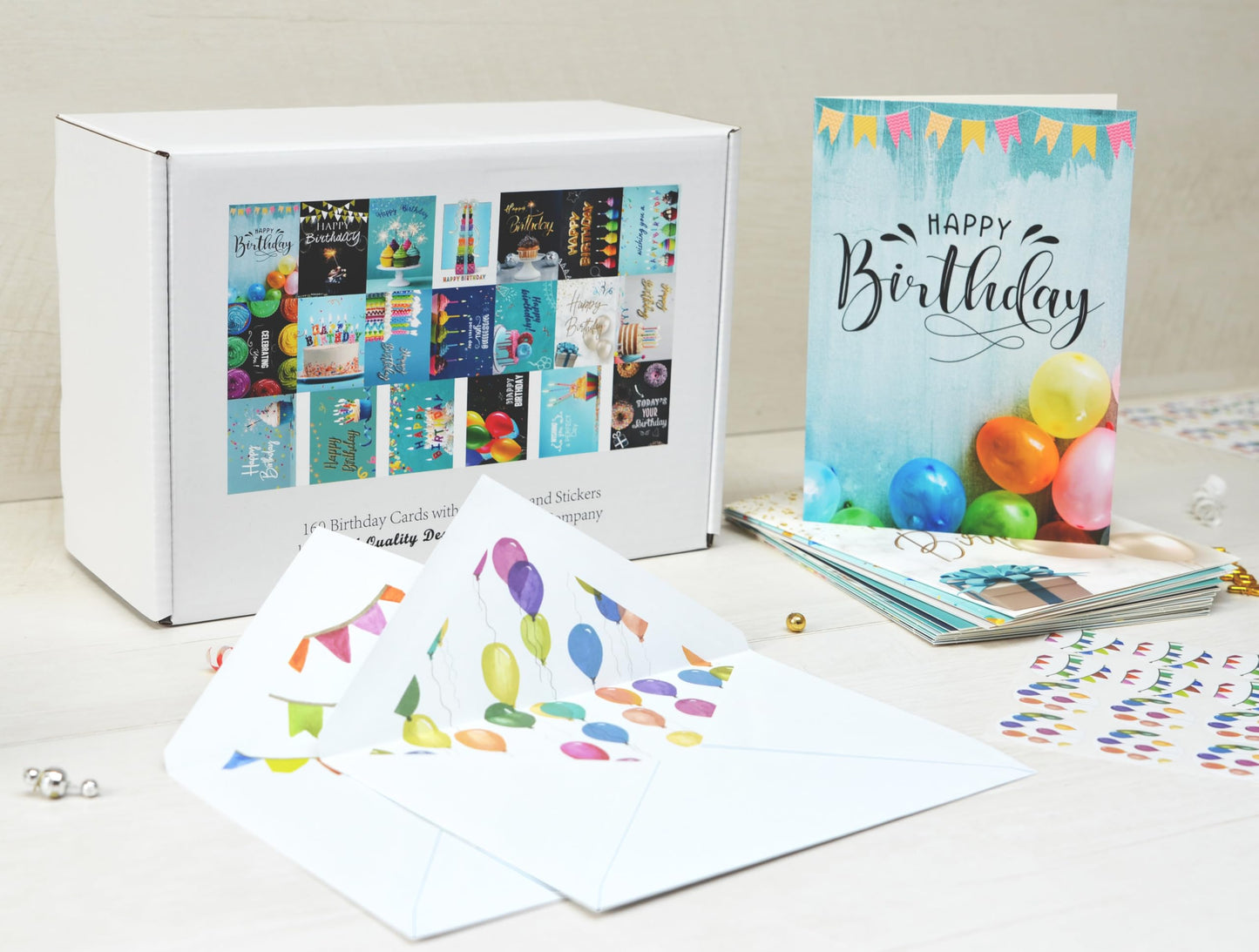 100 Happy Birthday Cards in Bulk with Envelopes , Stickers and Generic Birthday Greetings Inside – Large 5x7 Inches, 20 Unique Designs Notes, Thick Cardstock , Matte Finished in a Sturdy Box