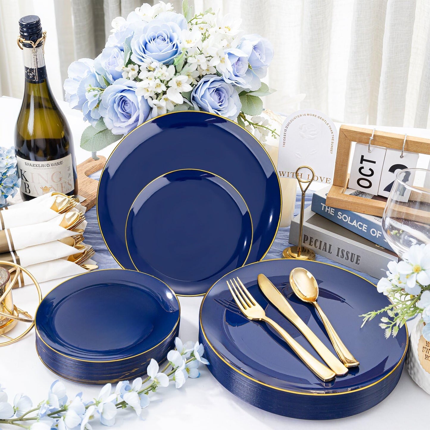 WDF 150Pcs Blue Plastic Plates - Blue and Gold Disposable Plates - 25guest Disposable Dinnerware Include 25 Dinner Plate, 25 Dessert Plate, 75 Cutlery & 25 9oz Cups for Wedding & Parties