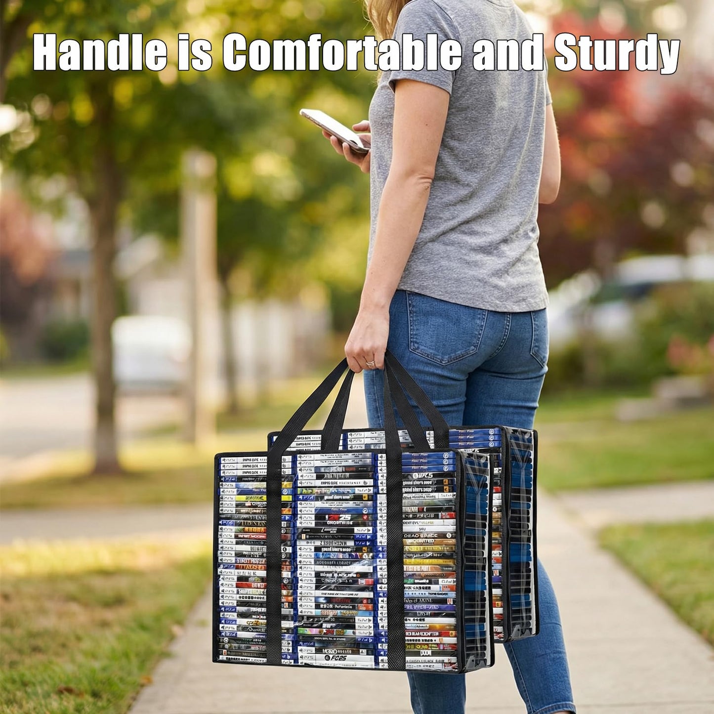 PUTNATRUE DVD Storage Bags, 4 Pack High Clear Bags Hold 280 DVDs Cases (70 Each), Thickened Plastic Organizer with Reinforced Handles for Media, Quilt, Pillow & Clothes Storage