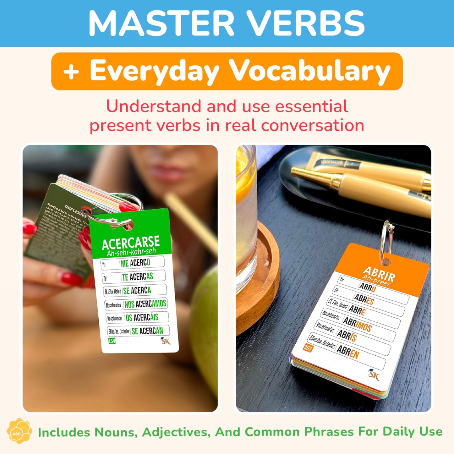 500+ English-Spanish Flash Cards for Adults and Kids 15+, Verb Conjugation, Nouns, Adjectives, and Phrases to Learn Spanish for Adult Beginners