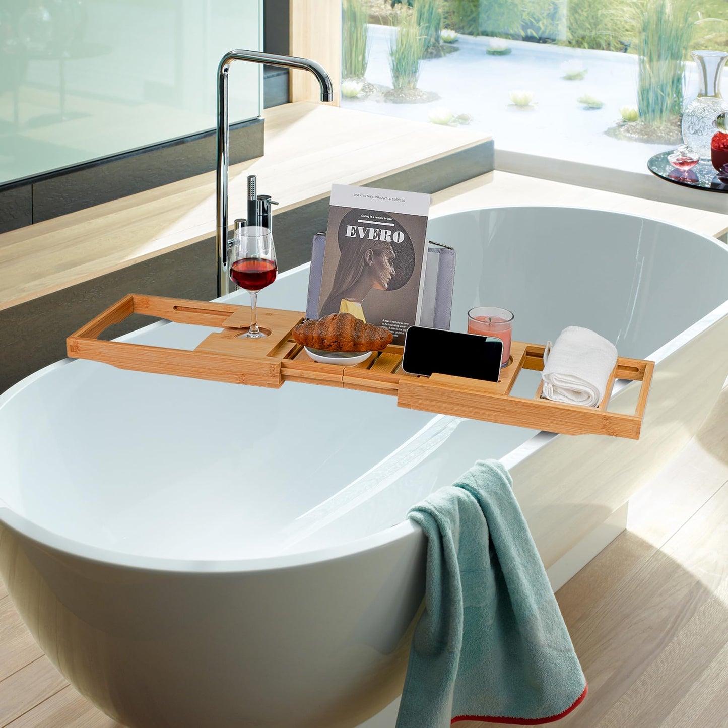 Utoplike Bathtub Caddy Tray, Bamboo Tub Tray with Sliding Towel Holder, Bath Table with Book Holder, Phone Stand and Adjustable Book Reading Rack, Tablet Slots