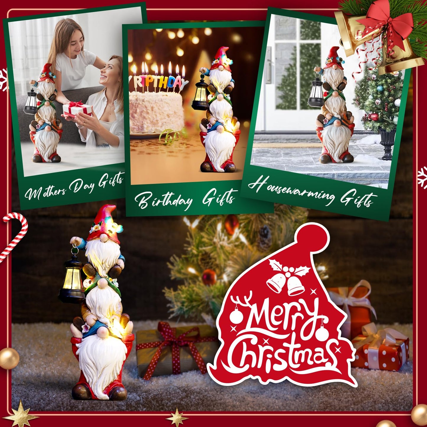 Christmas Garden Gnome Statue with Solar Lights Garden Sculptures Funny Triple Gnome Outdoor Patio Lawn Yard Balcony Home Decor Birthday Gifts for Women Mom Grandma 12 in Thanksgiving Gnome