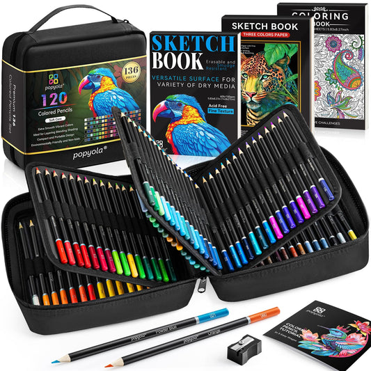 136 PCS Pencil Crayons Set for Adult Coloring Books, 120 Colored Pencils with 3-Color Sketchbook, Coloring Book, Sketchbook, Sharpener, Soft Core Coloring Pencils for Beginners Professionals Hobbyists