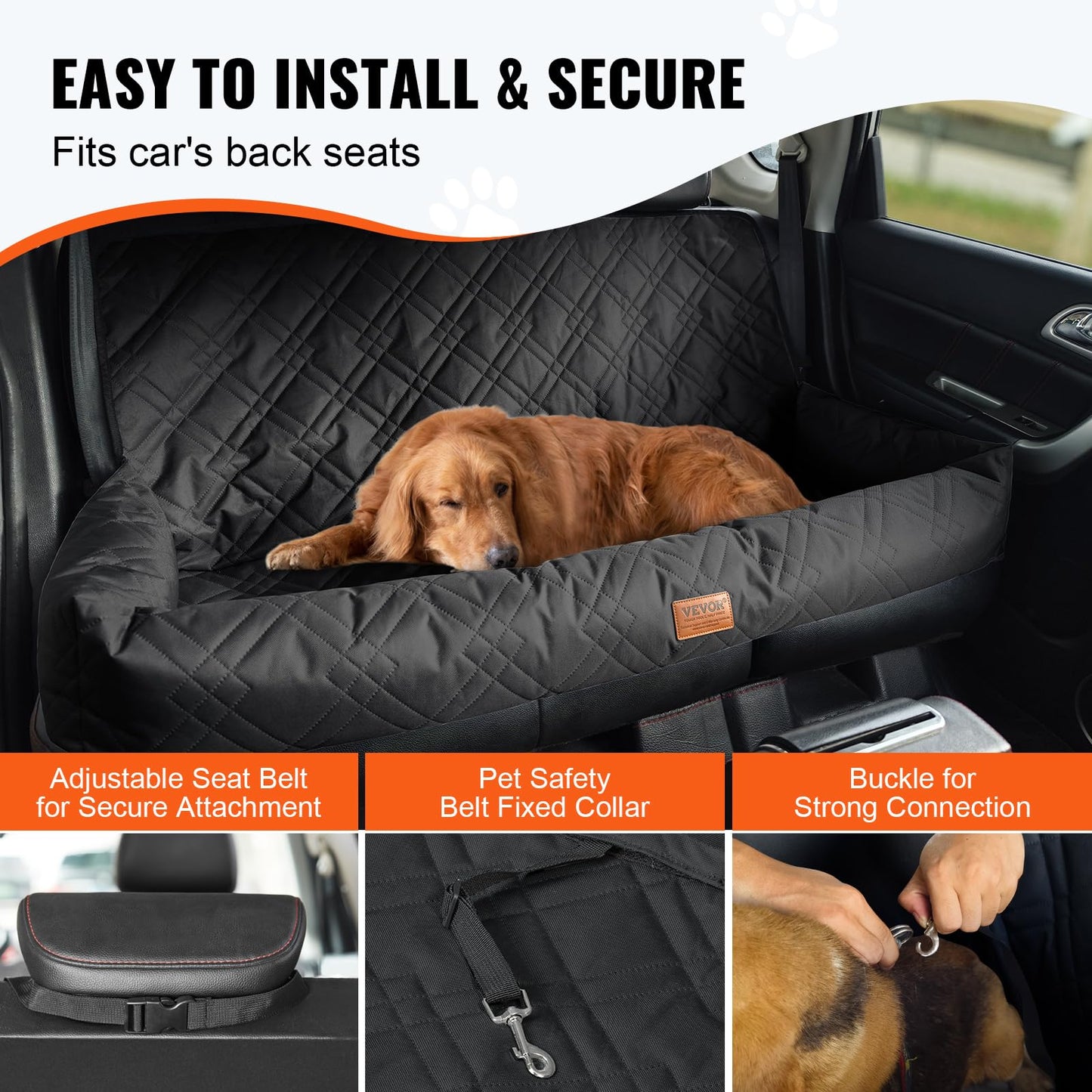 VEVOR Dog Car Seat, Waterproof Dog Booster Seat for Car, Pet Seat with Clip-On Safety Leash for Vehicle, PP Cotton Filling, Bed for Medium & Large Pet up to 100 lbs, Black