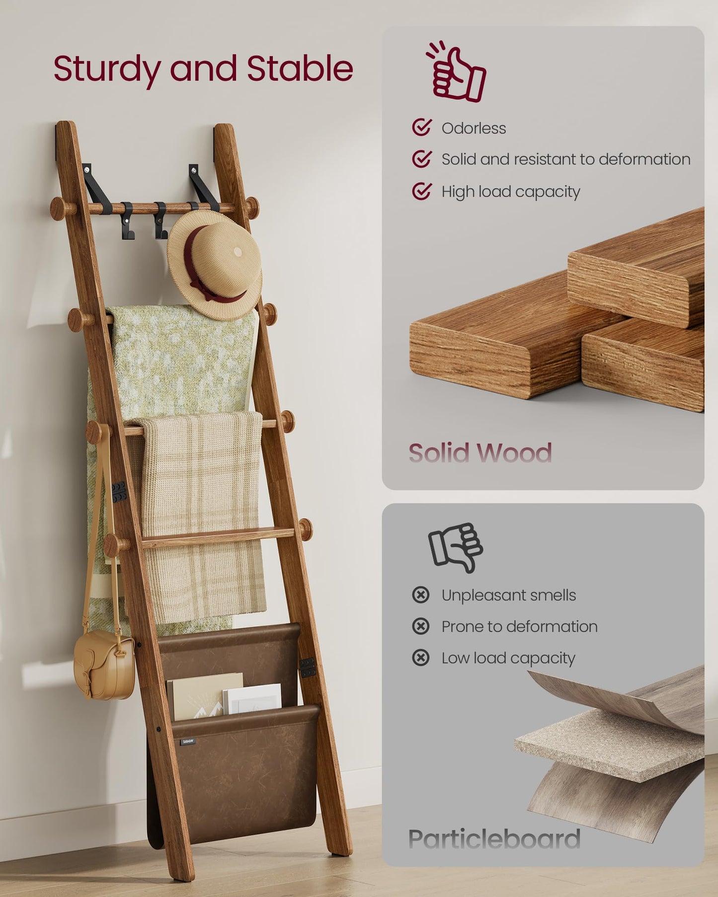 VASAGLE Blanket Ladder for Living Room, 5-Tier Wooden Ladder Shelf, Decorative Farmhouse Blanket Rack with Synthetic Leather Bag, Metal Hooks, Side Hooks, for Bedroom, Caramel Brown ULLS022K01
