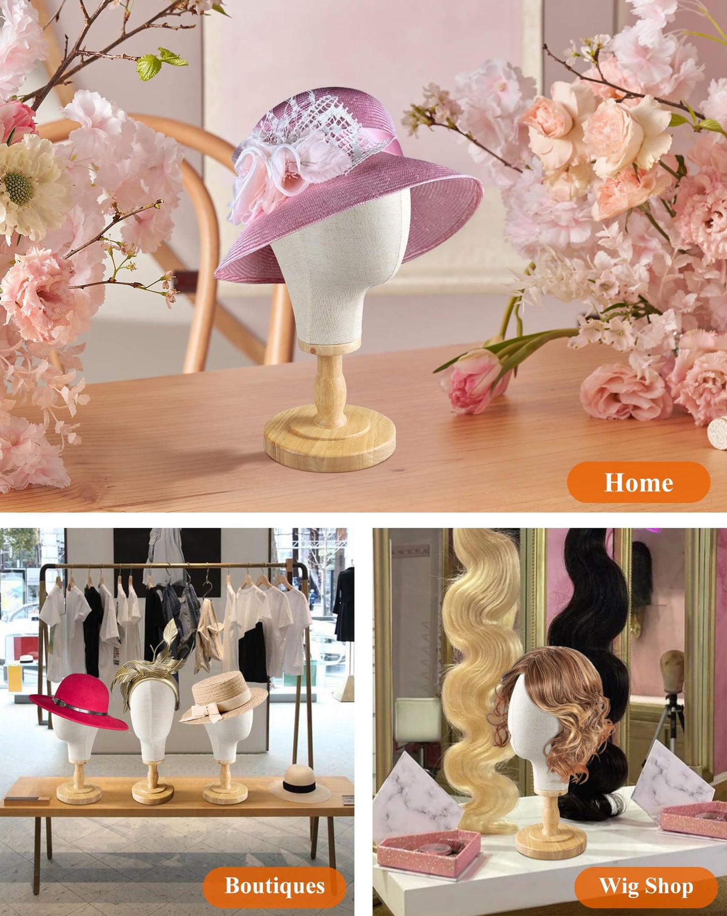 CHADWICK 21" Wig Head Stand, Mannequin Head Dome Canvas + Detachable Wood Stand, Hats Caps Display Canvas Block Mannequin Head Model