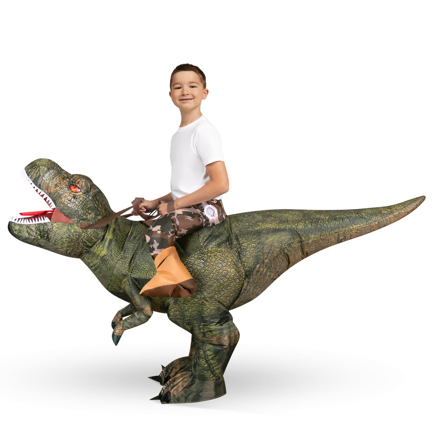 Spooktacular Creations T-Rex Inflatable Costume for Kids Digital Printing Ride-On Dinosaur for Halloween Parties Green