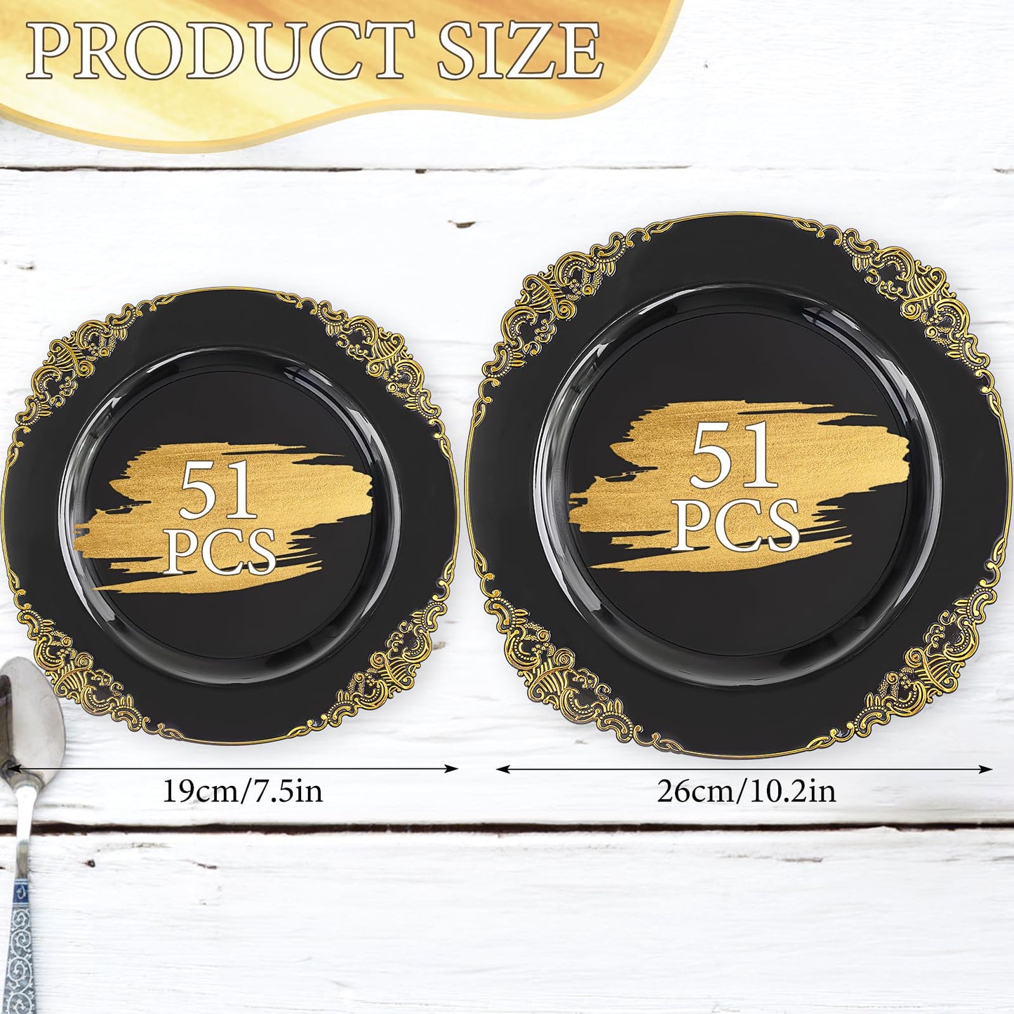 102pcs Black and Gold Plastic Plates, Disposable Party Plate Bulk, Include 51pcs 7.5inch Small Dessert Plates, 10.25inch Large Dinner Plates for Wedding Birthday Christmas Halloween Buffet Parties