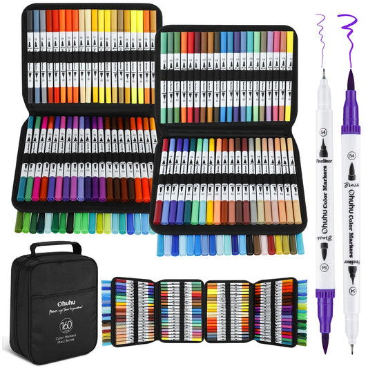 Ohuhu Markers for Adult Coloring Books No Bleeding 160 Colors Water-based Dual Tips Fineliner & Brush Coloring Markers for Kids Adults Beginners Drawing Pens for Journaling Lettering - Maui - White