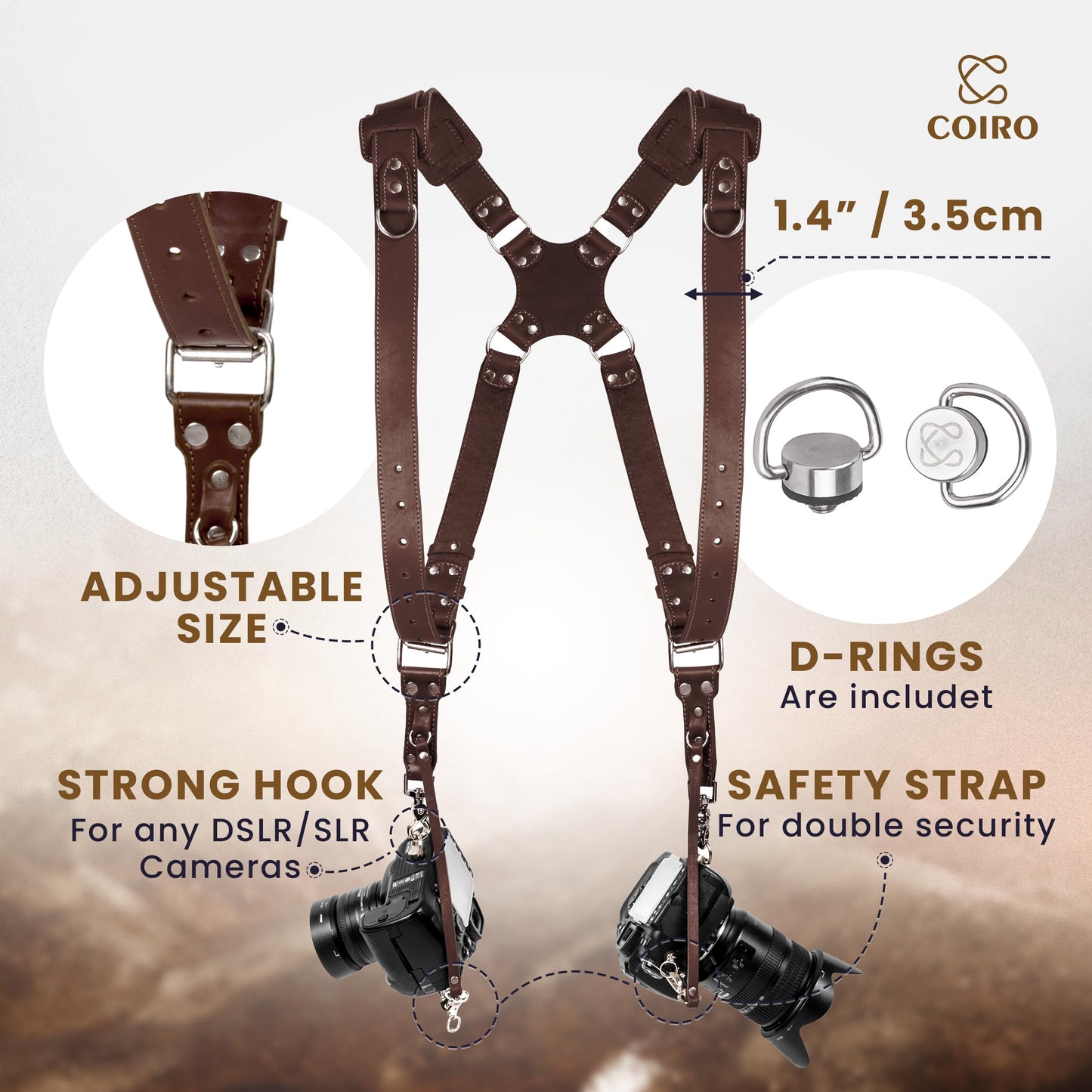 C Coiro Camera Harness for 2 Cameras – Dual Shoulder Leather Camera Strap – Double Camera Harness for DSLR/SLR, Brown, One Size