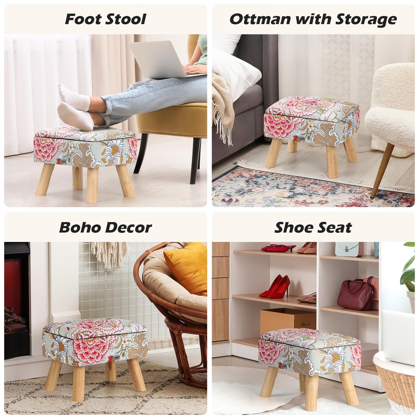 Square Ottoman with Storage Versatile Foot Stool Ottoman Boho Foot Rest with Wood Legs Small Footstools and Ottomans for Living Room and Entryway