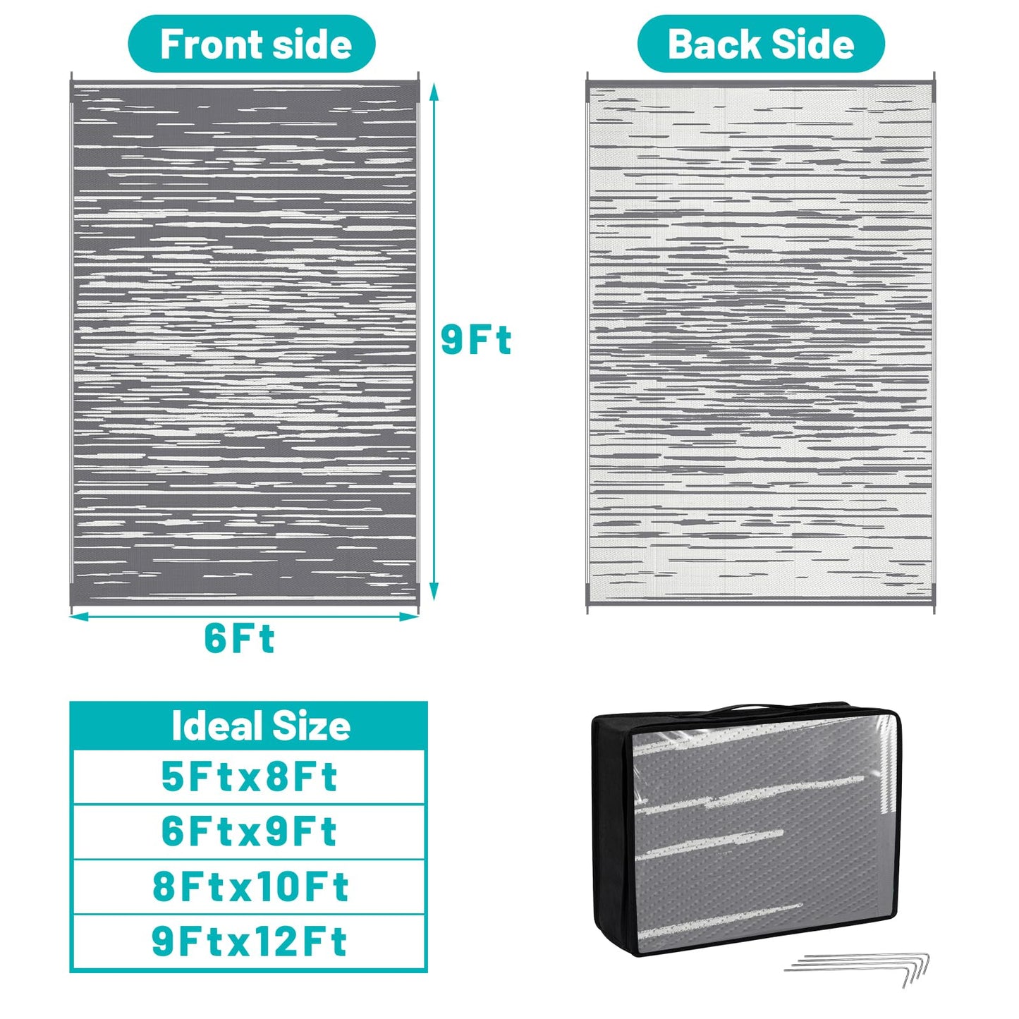 HEBE Outdoor Rug 6x9 ft Reversible Outdoor Area Rug Waterproof Patio Rug Mat Portable RV Camping Rug Modern Abstract Plastic Straw Carpet for Picnic Beach Balcony Pool Deck, Grey