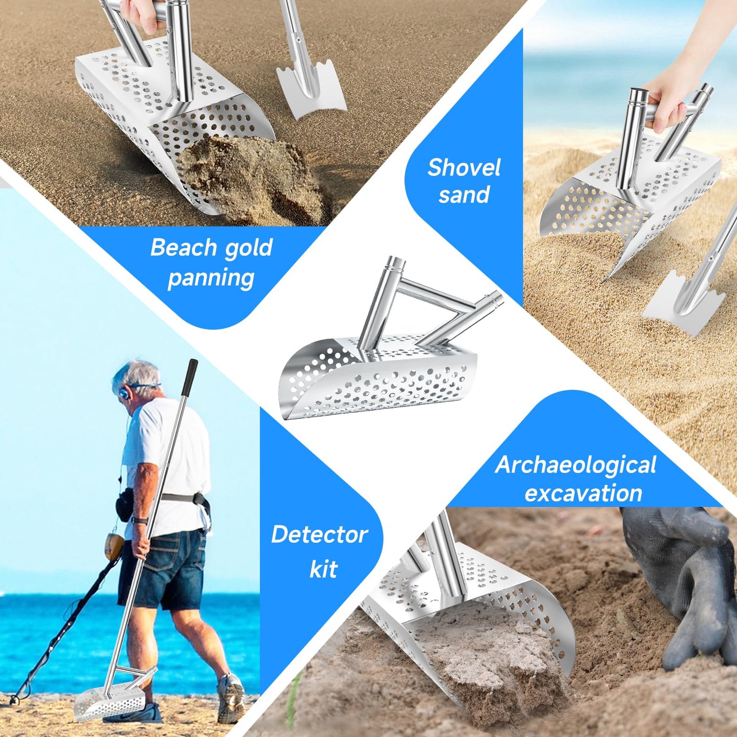 SAN LIKE Sand Scoop for Metal Detecting for Adult,Heavy Duty Metal Detector Scoop, Stainless Steel Beach Shovel,Detecting Tool,T Digging Shovel Fast Sifting Shovel（Bag + Sand Scoop+Sand Shovel）