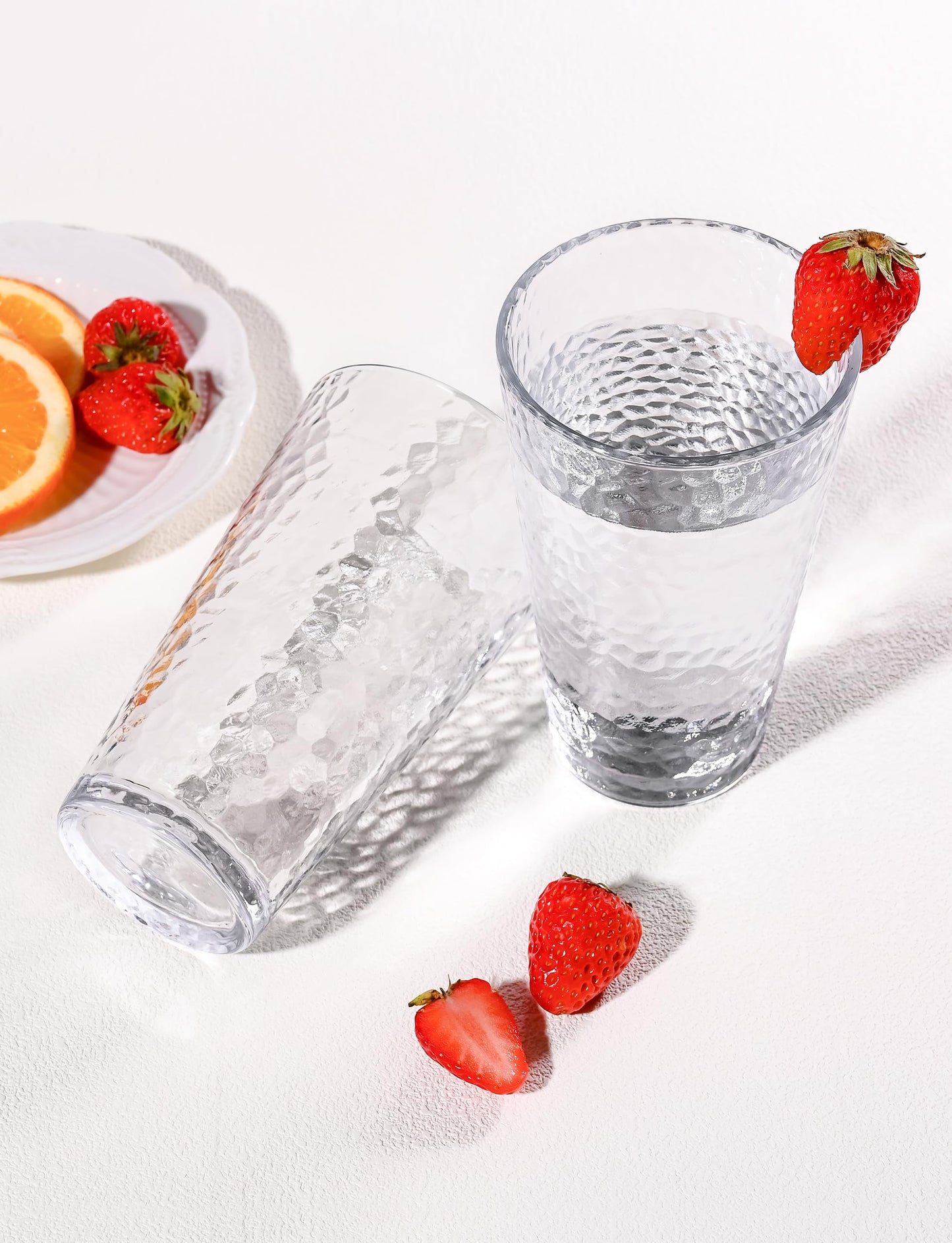 AMYOOLE Drinking Glasses Set of 8,16oz Clear Highball Water Glasses,Stackable Lead-Free Hammered Glass Cups,Kitchen Drinkware Glassware for Cocktail,Beer,Juice,Iced Tea,Margaritas and Mixed Drinks