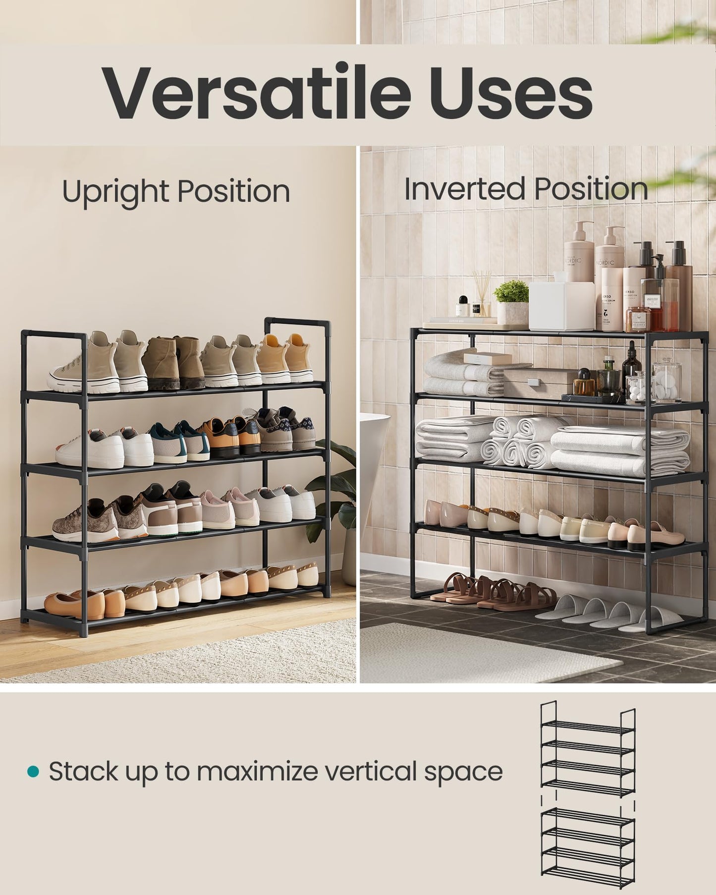 SONGMICS Shoe Rack, 4-Tier Shoe Organizer, Sturdy Storage Shelf, Upright or Upside Down, for 20-25 Pairs, Stackable, for Entryway, 30 x 92 x 75 cm, Black ULSA14BK