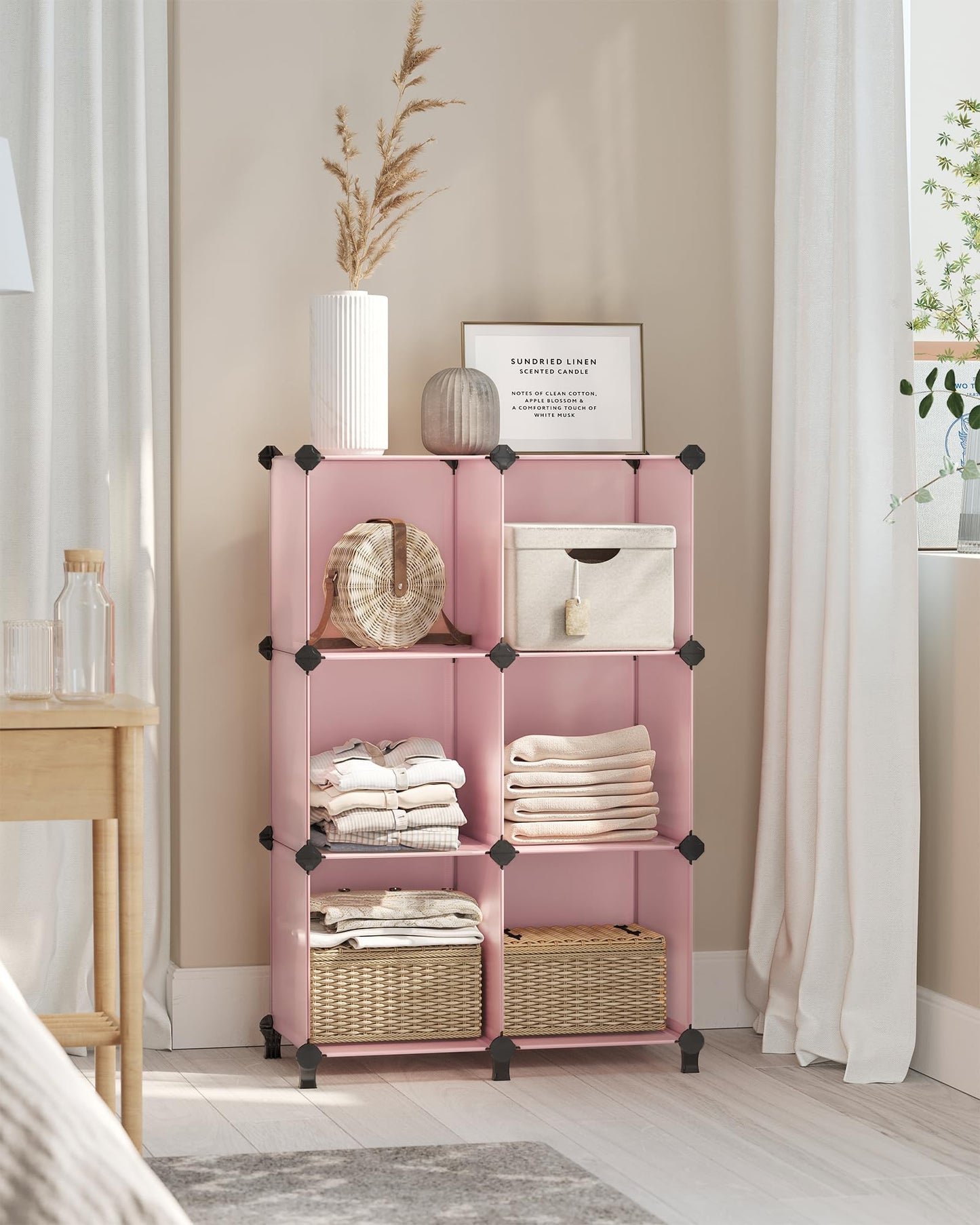 SONGMICS 6 Cube Storage Organizer, DIY Closet Shelf, Plastic Clothes Organizer, Modular Bookcase, 11.8 x 11.8 x 11.8 Inch Cubes, with Feet and Rubber Mallet, Pink ULPC111P01