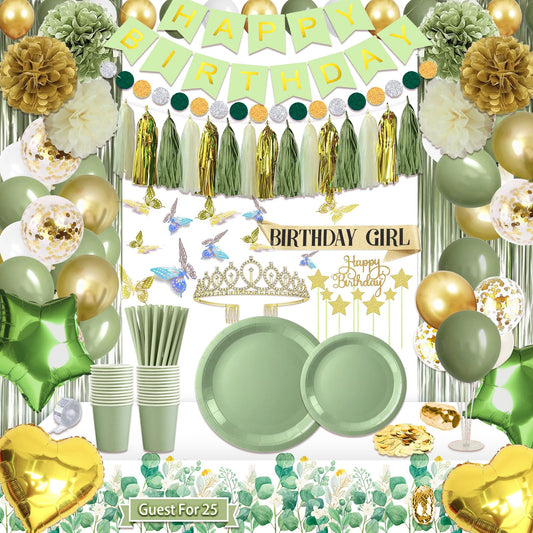 222 Pcs Sage Green Happy Birthday Decorations, Birthday Decorations for Women or Girl Kit- Disposable Dinnerware Set with 25 Guest, Balloons, Sash, Tiara, Banner, Paper Pom Poms