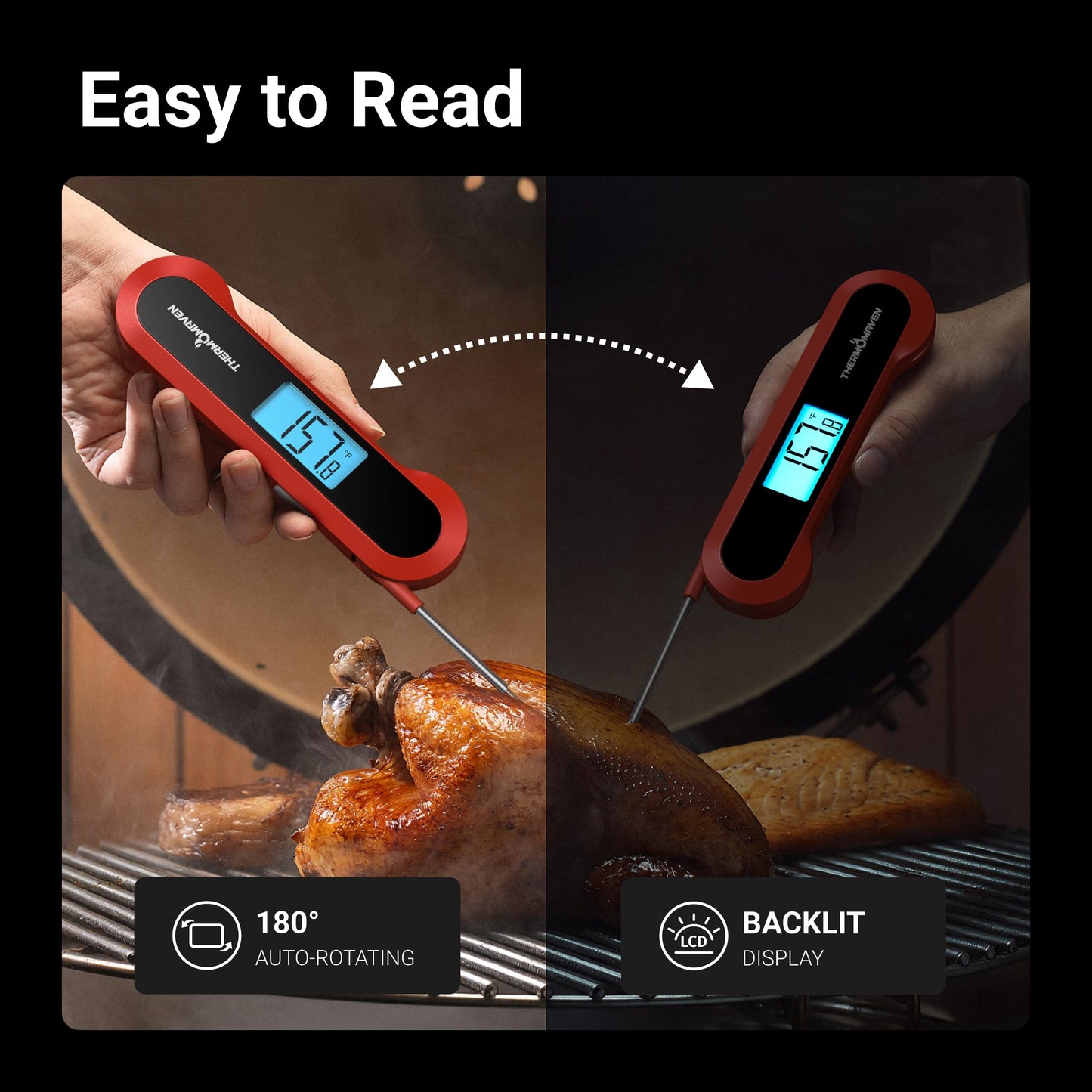 ThermoMaven Professional 0.5 Sec Instant Read Meat Thermometer Digital, NIST Certified ±0.5℉ Accuracy, Auto Rotate Large LCD Display, Waterproof Cooking Thermometer for Baking Grill BBQ Smoker Oven