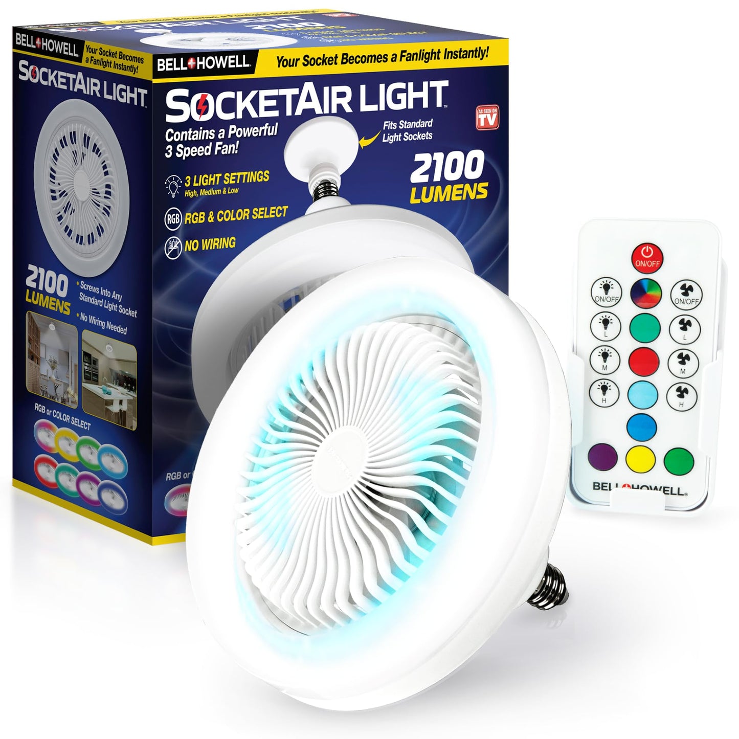 Bell+Howell Socket Air Socket Fan Light – Wireless Ceiling Fan with Lights and Remote, Ventilateur Plafond Avec Lumiere, Ceiling Fans with RGB Lights, 3 Fan Speeds & 3 Brightness Levels As Seen on TV