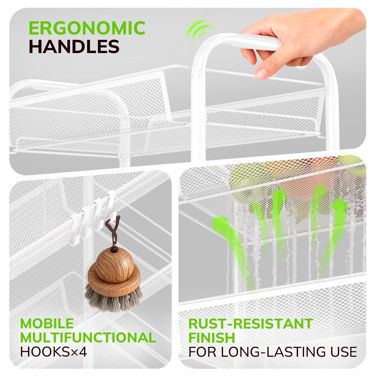 Goovilla 4-Tier Metal Rolling Cart, Mesh Wire Easy Assemble Utility Cart, Storage Trolley on Wheels with 4 Hooks, Metal Storage Shelving Units for Kitchen Bathroom Laundry Living Room, White